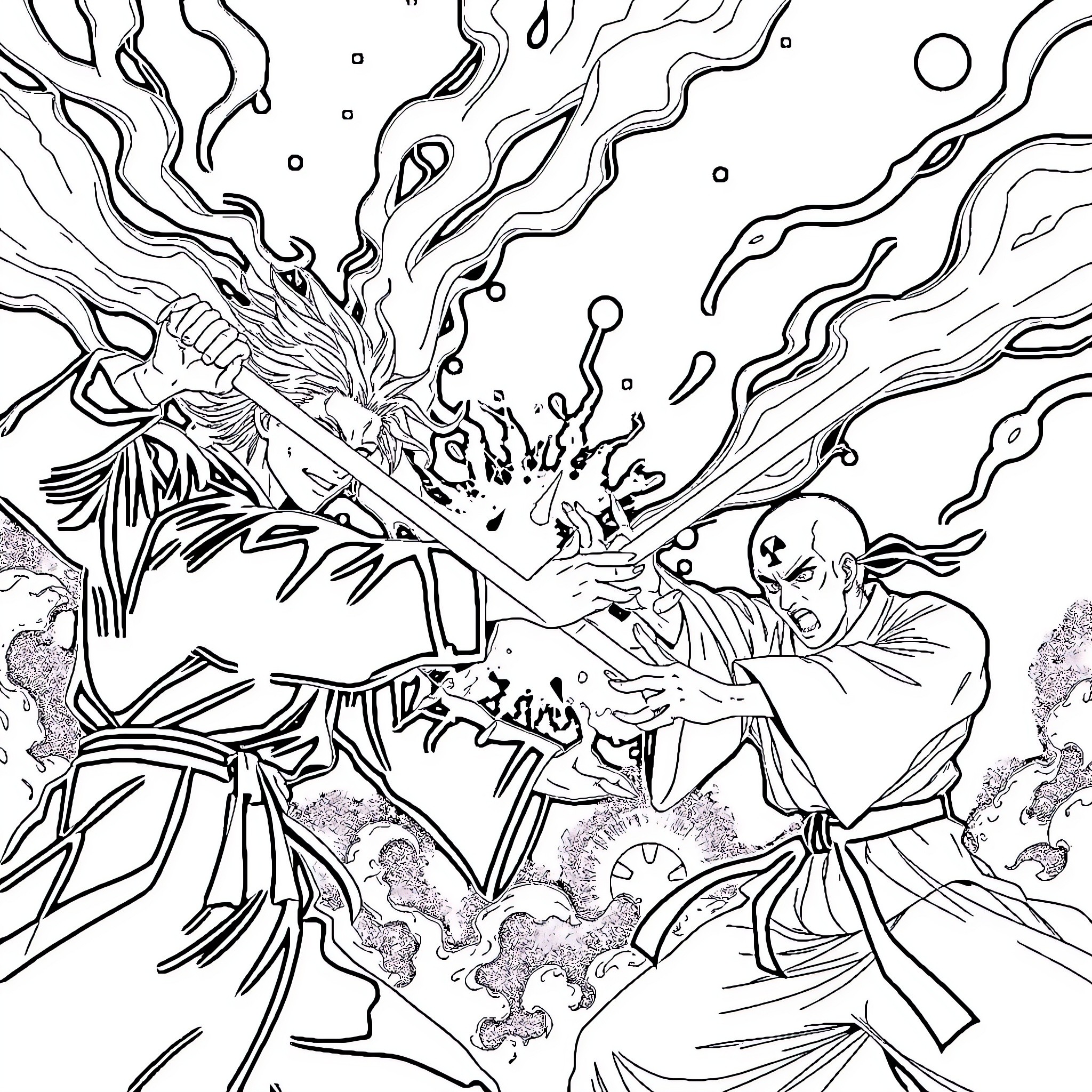 Jujitsu Kaisen: Intense Supernatural Battle Coloring Page (free black-and-white line drawing printable PDF for all, from beginners to advanced learners, including children, teens, adults, and seniors)