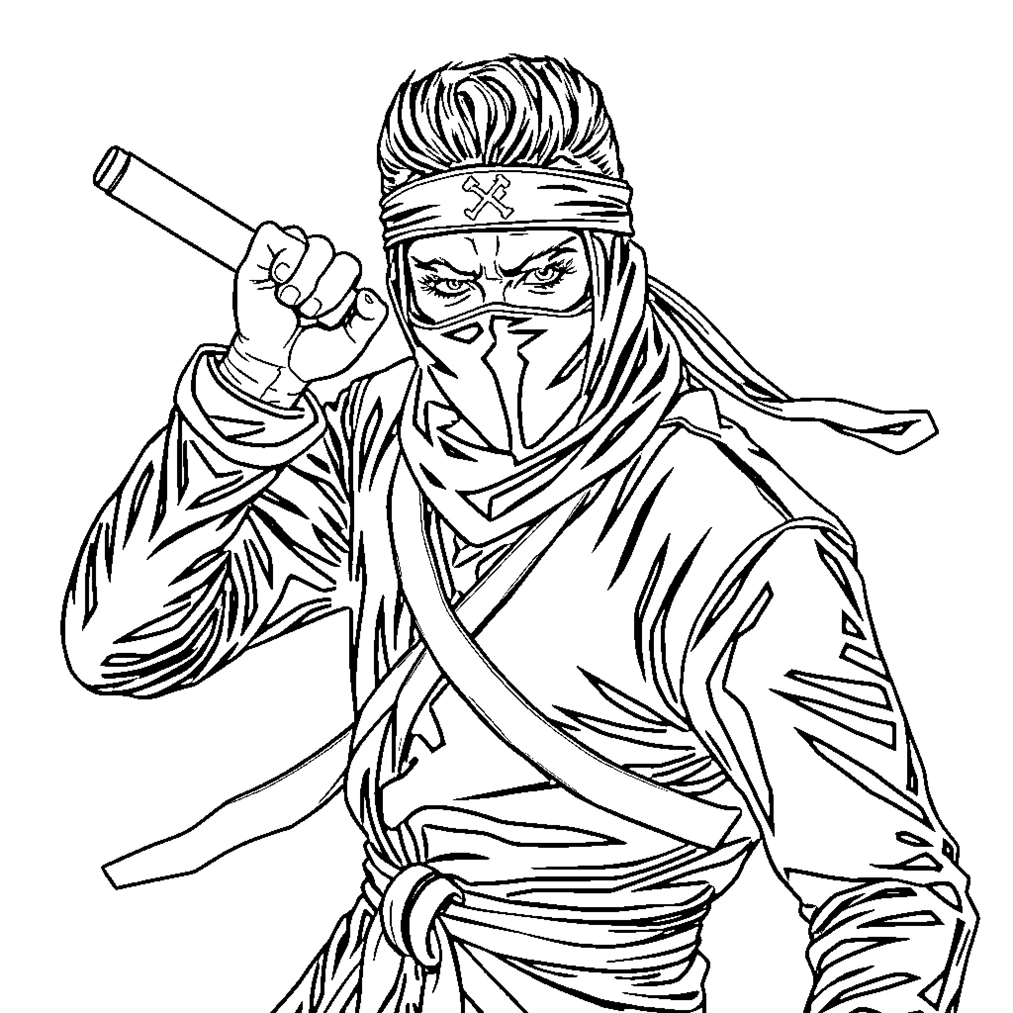 Elvis Presley as a Ninja Warrior Coloring Page (free black-and-white line drawing printable PDF for all, from beginners to advanced learners, including children, teens, adults, and seniors)