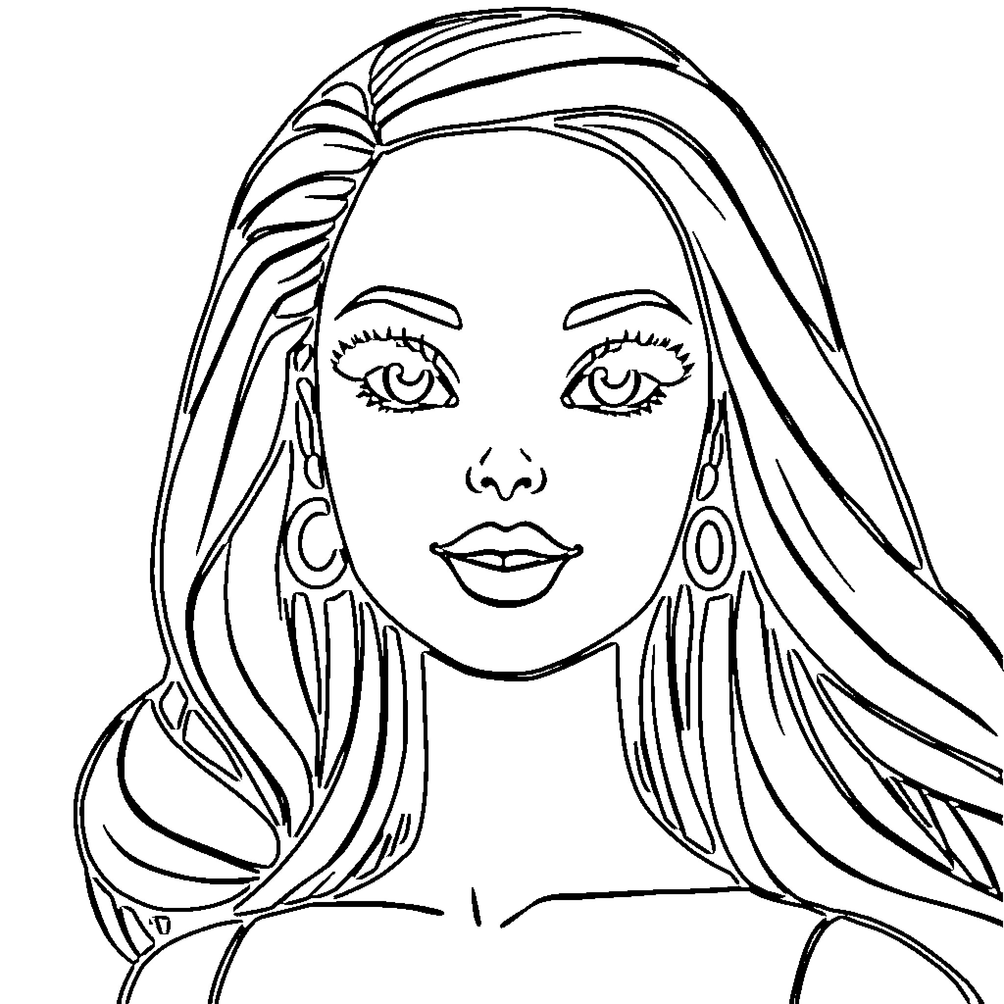 Barbie's stylish appearance and confident expression Coloring Page (free black-and-white line drawing printable PDF for all, from beginners to advanced learners, including children, teens, adults, and seniors)