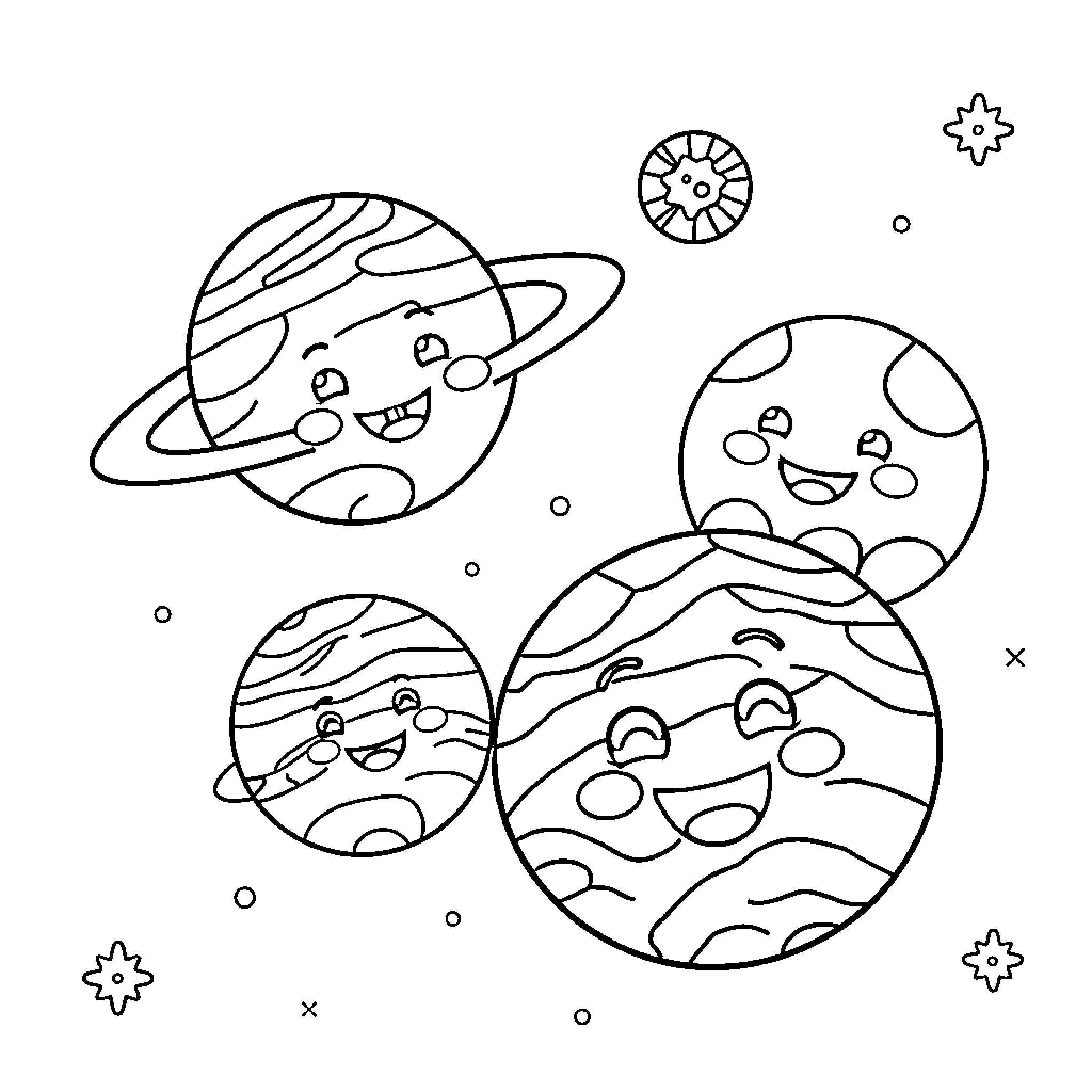 Planet friends enjoying cosmic adventure Coloring Page (free black-and-white line drawing printable PDF for all, from beginners to advanced learners, including children, teens, adults, and seniors)
