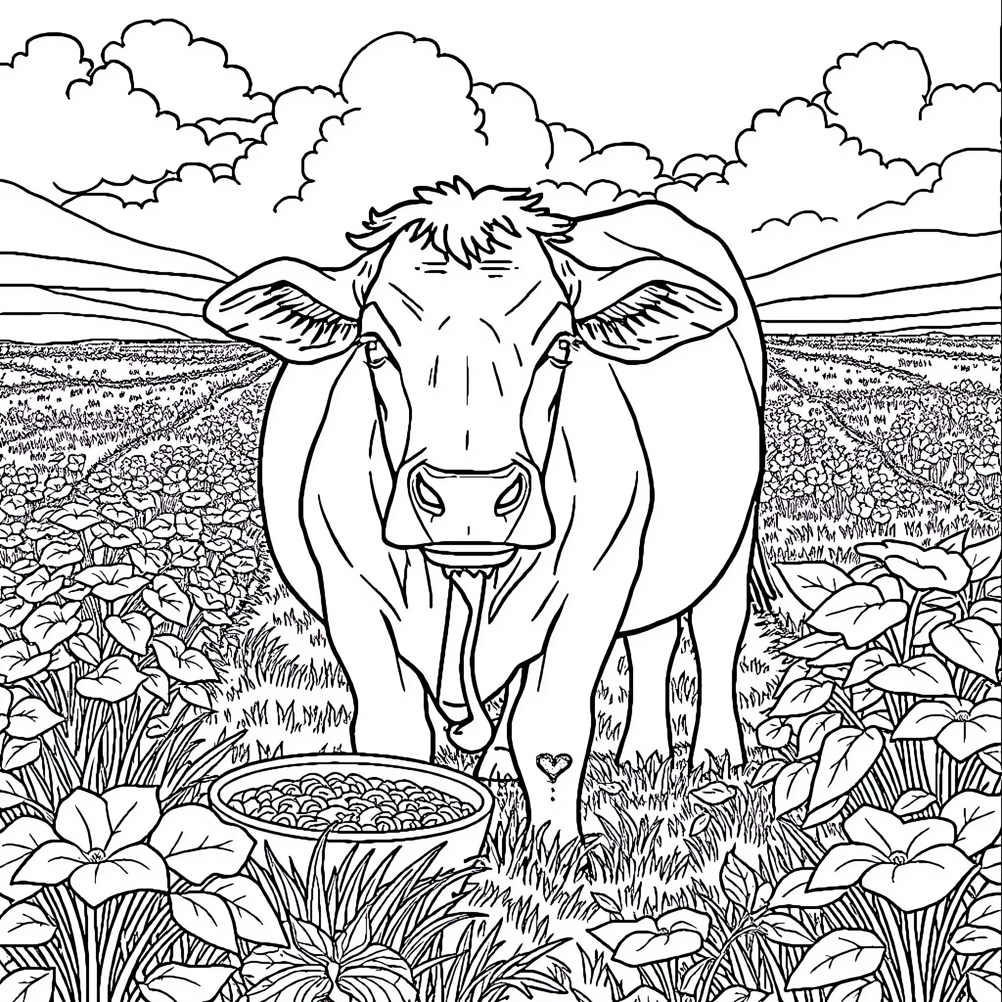 Cow grazing in a scenic meadow Coloring Page (free black-and-white line drawing printable PDF for all, from beginners to advanced learners, including children, teens, adults, and seniors)