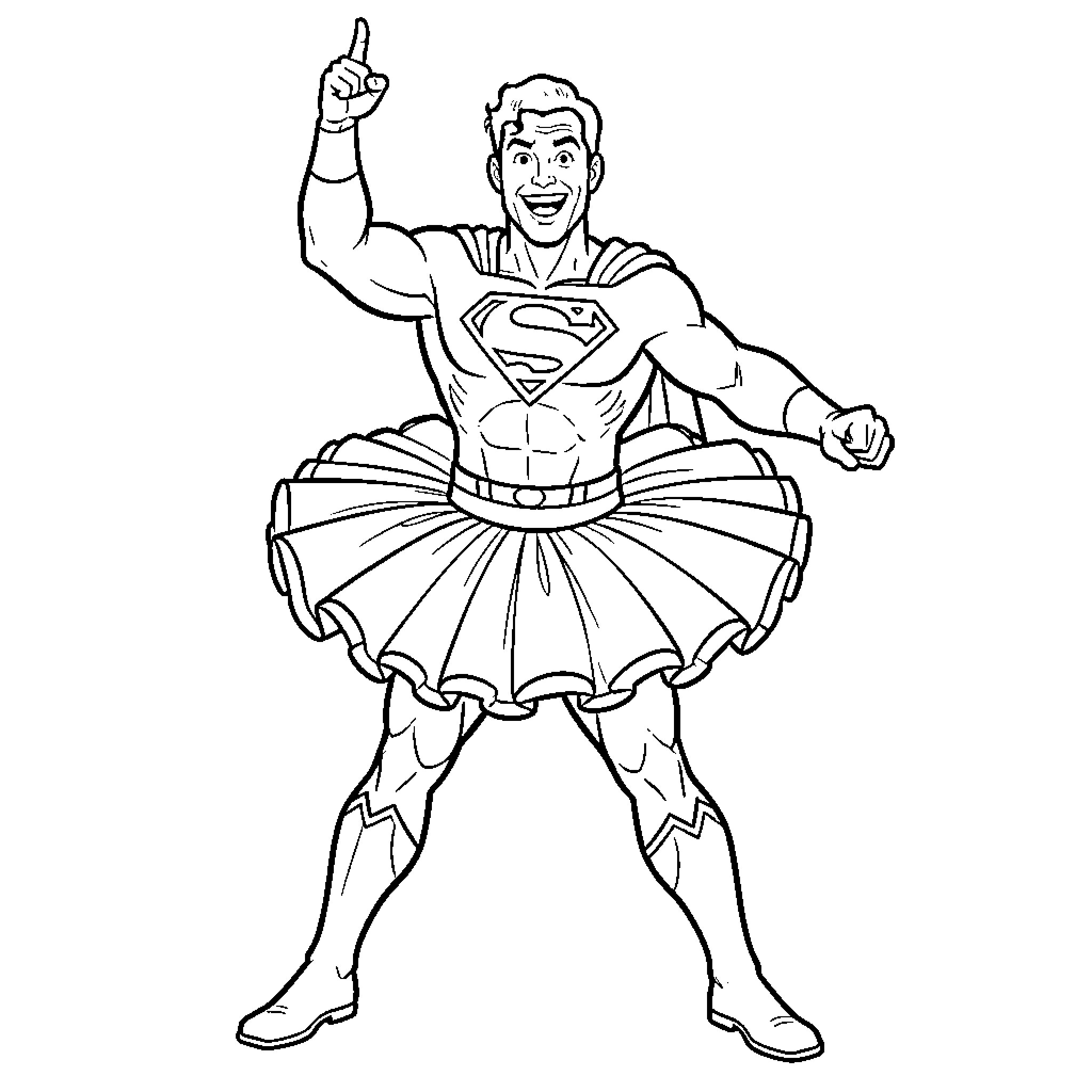 Superman smiling while wearing a flared tutu Coloring Page (free black-and-white line drawing printable PDF for all, from beginners to advanced learners, including children, teens, adults, and seniors)
