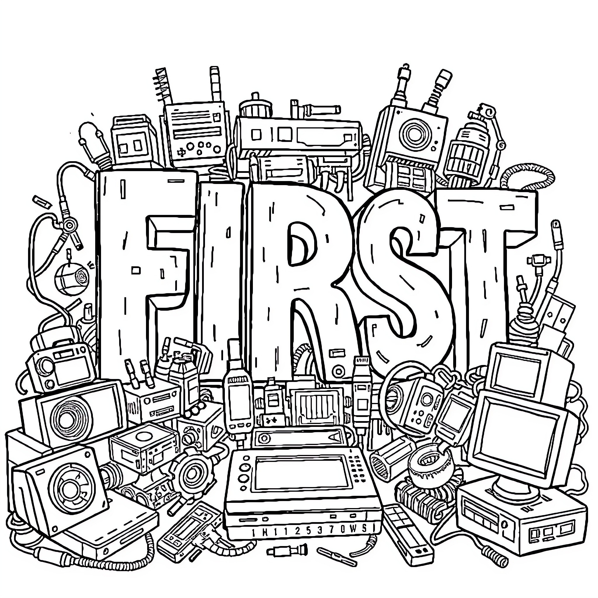Letter Depicting Various Electronic Devices and Gadgets Coloring Page (free black-and-white line drawing printable PDF for all, from beginners to advanced learners, including children, teens, adults, and seniors)