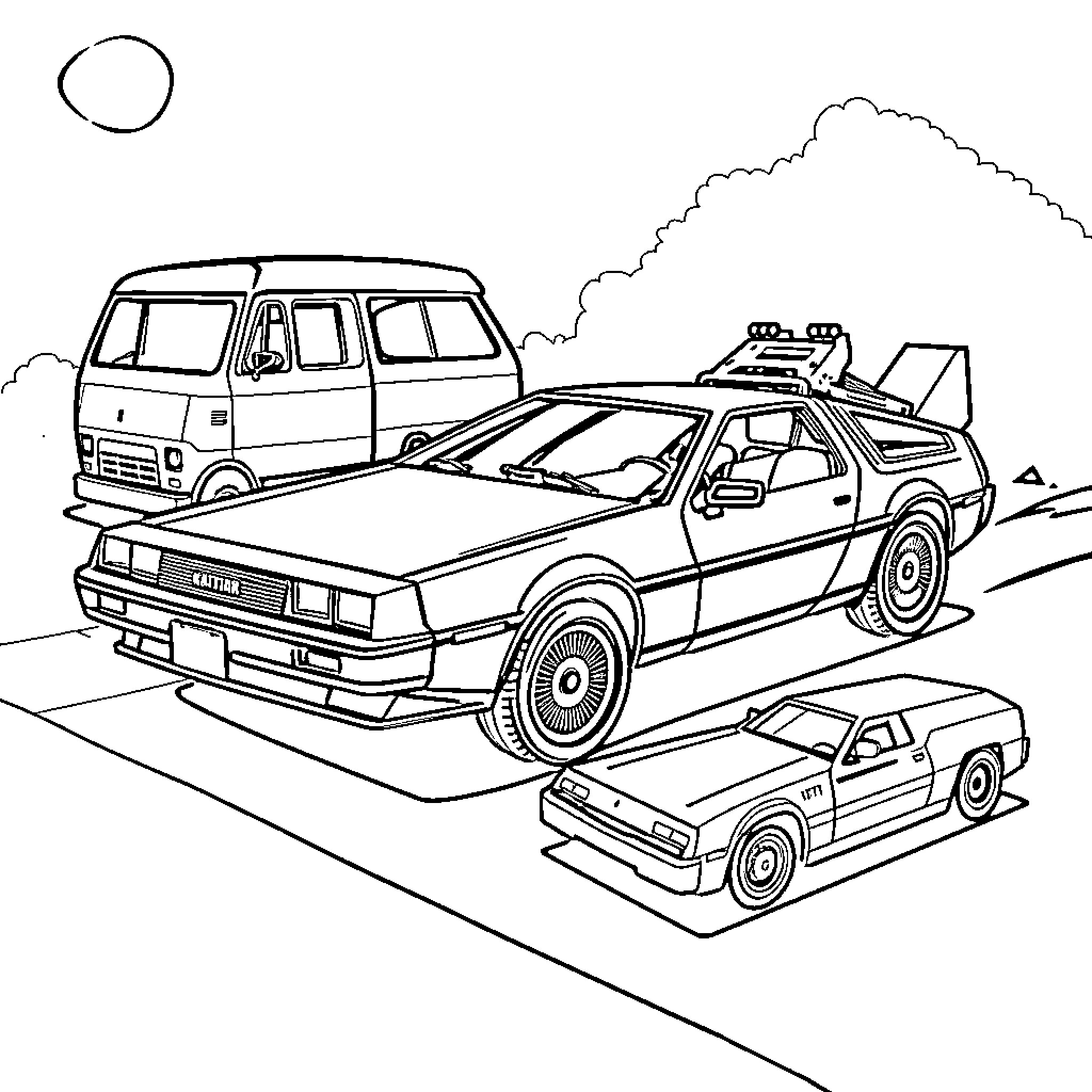 Vehicle with retro design in a rural setting Coloring Page (free black-and-white line drawing printable PDF for all, from beginners to advanced learners, including children, teens, adults, and seniors)