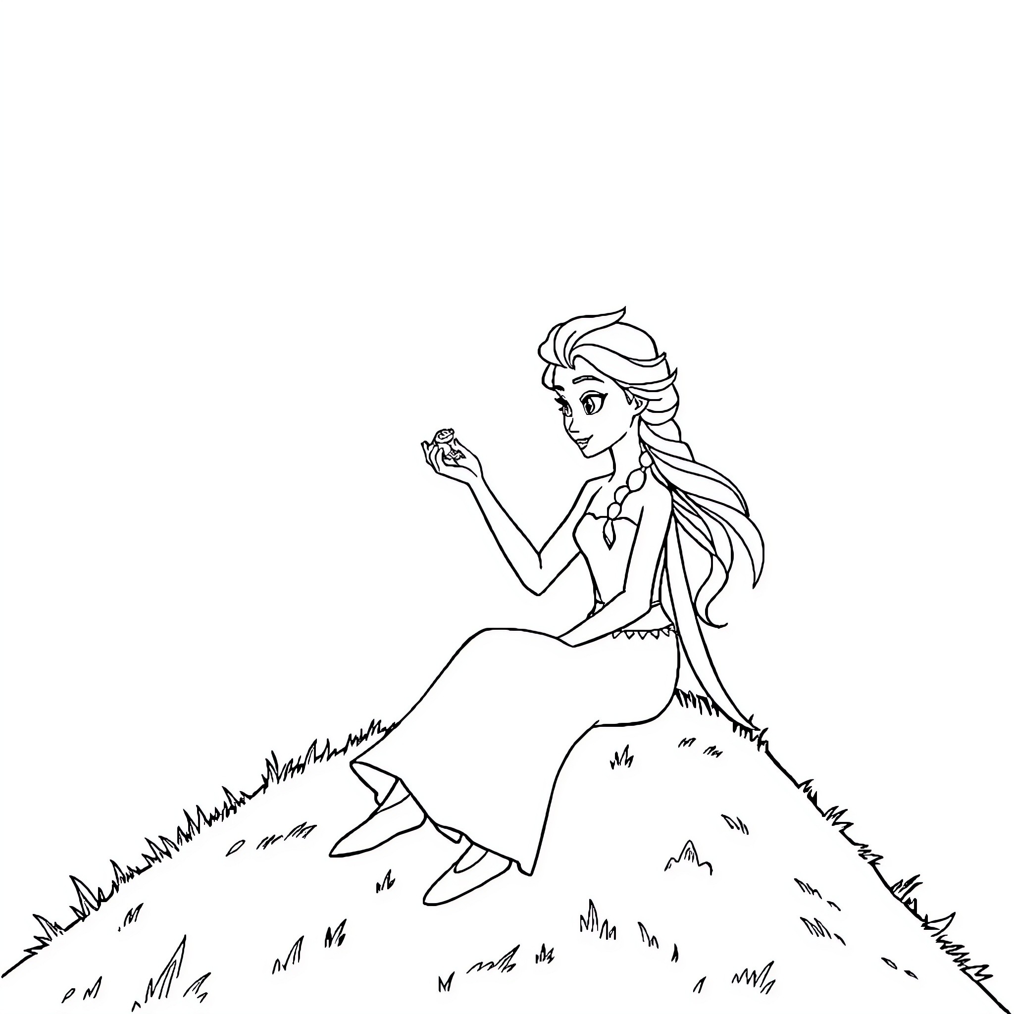 Elsa dancing gracefully in the meadow Coloring Page (free black-and-white line drawing printable PDF for all, from beginners to advanced learners, including children, teens, adults, and seniors)