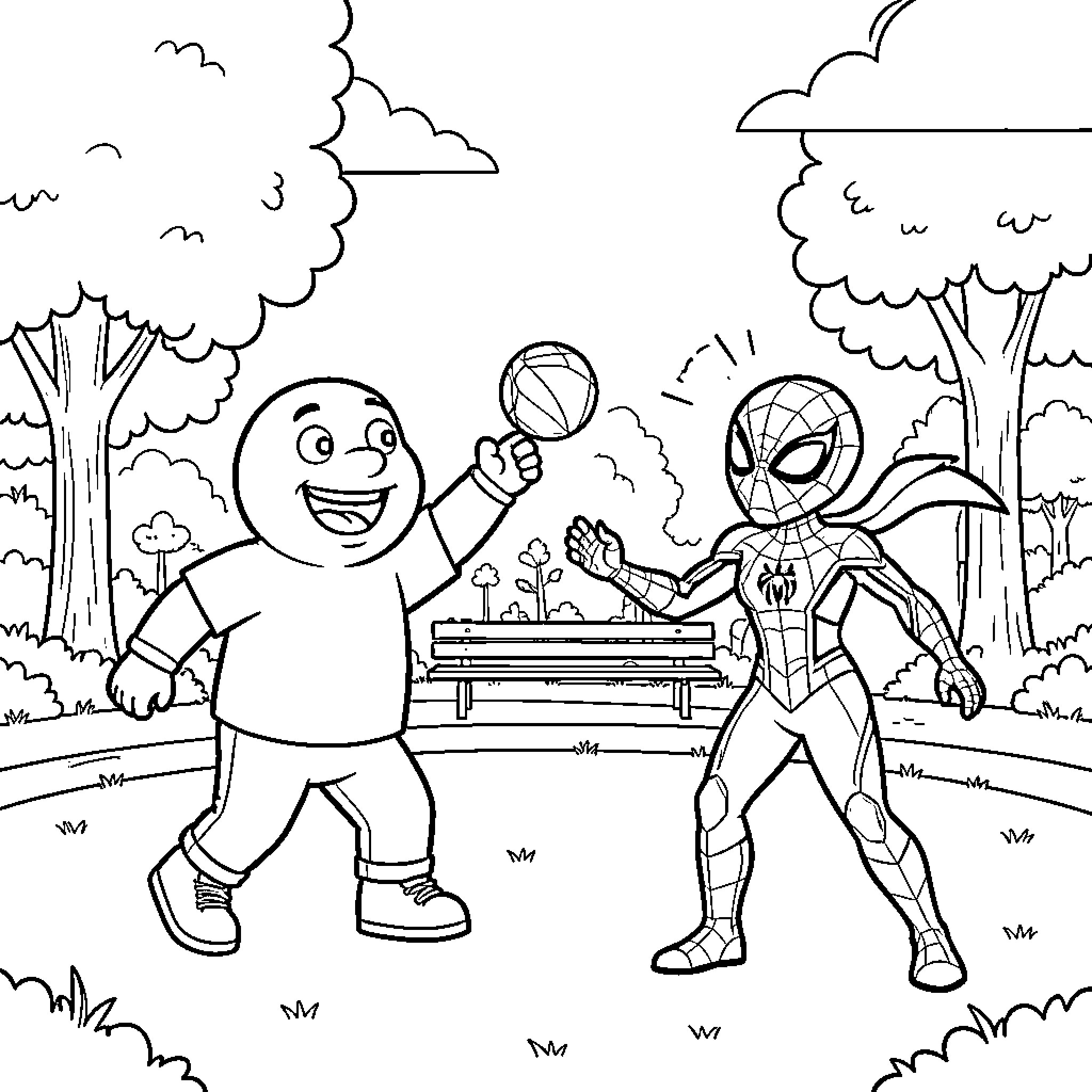 Barney playing ball with a superhero in a park Coloring Page (free black-and-white line drawing printable PDF for all, from beginners to advanced learners, including children, teens, adults, and seniors)