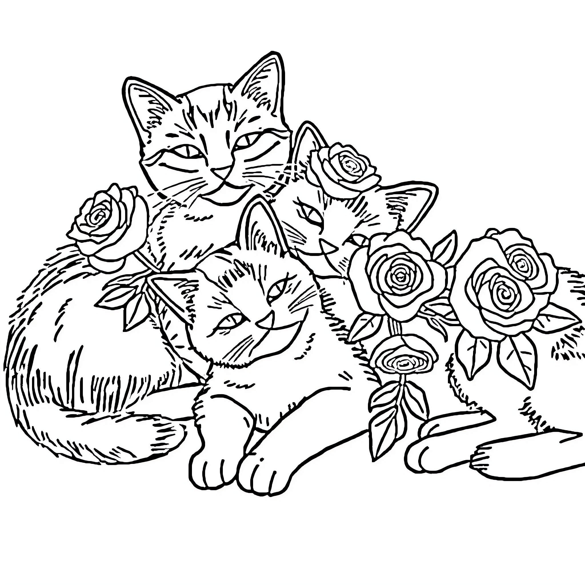 Rose-adorned cat resting amidst blooming flowers Coloring Page (free black-and-white line drawing printable PDF for all, from beginners to advanced learners, including children, teens, adults, and seniors)