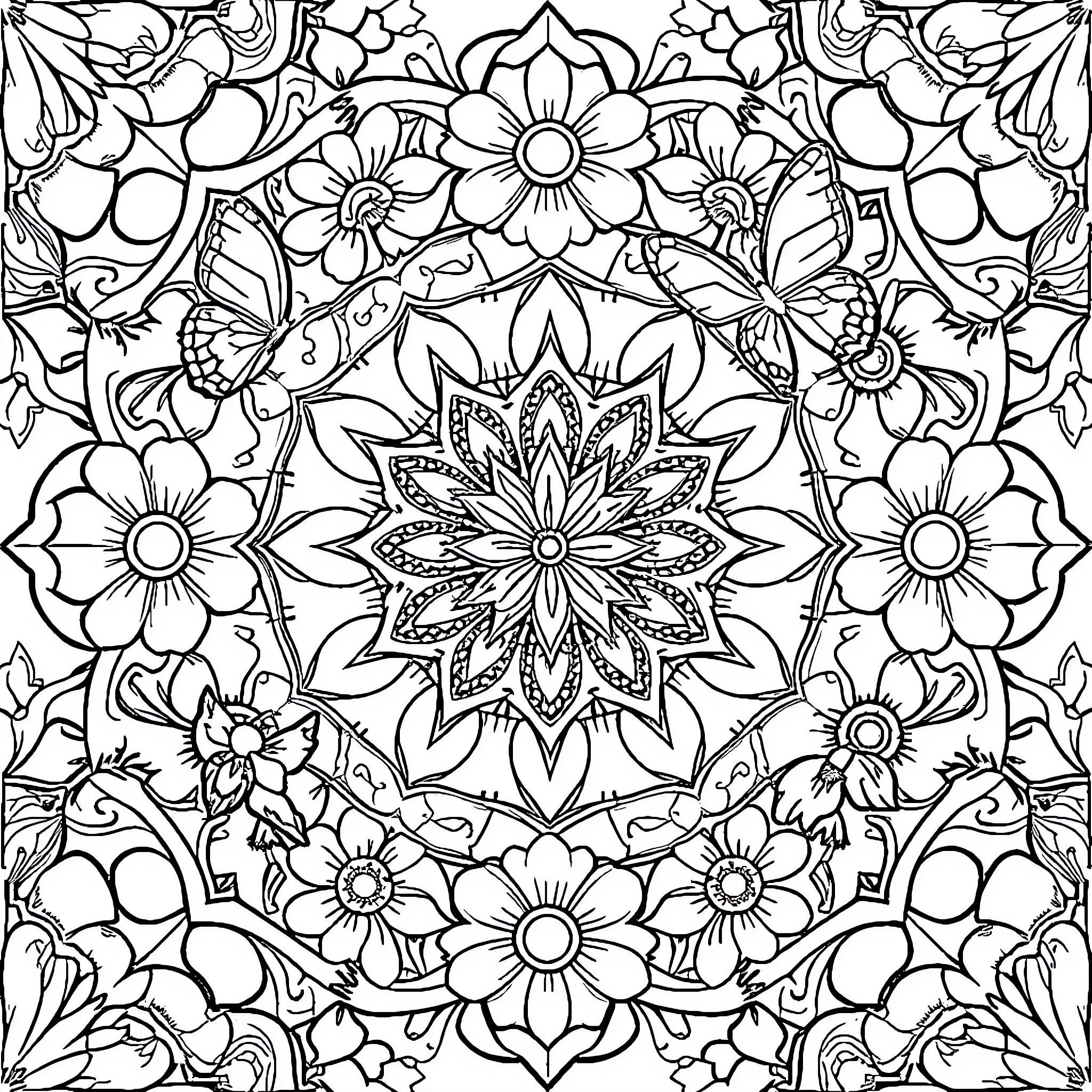 Mandalas of Intricate Floral Designs and Butterflies Coloring Page (free black-and-white line drawing printable PDF for all, from beginners to advanced learners, including children, teens, adults, and seniors)