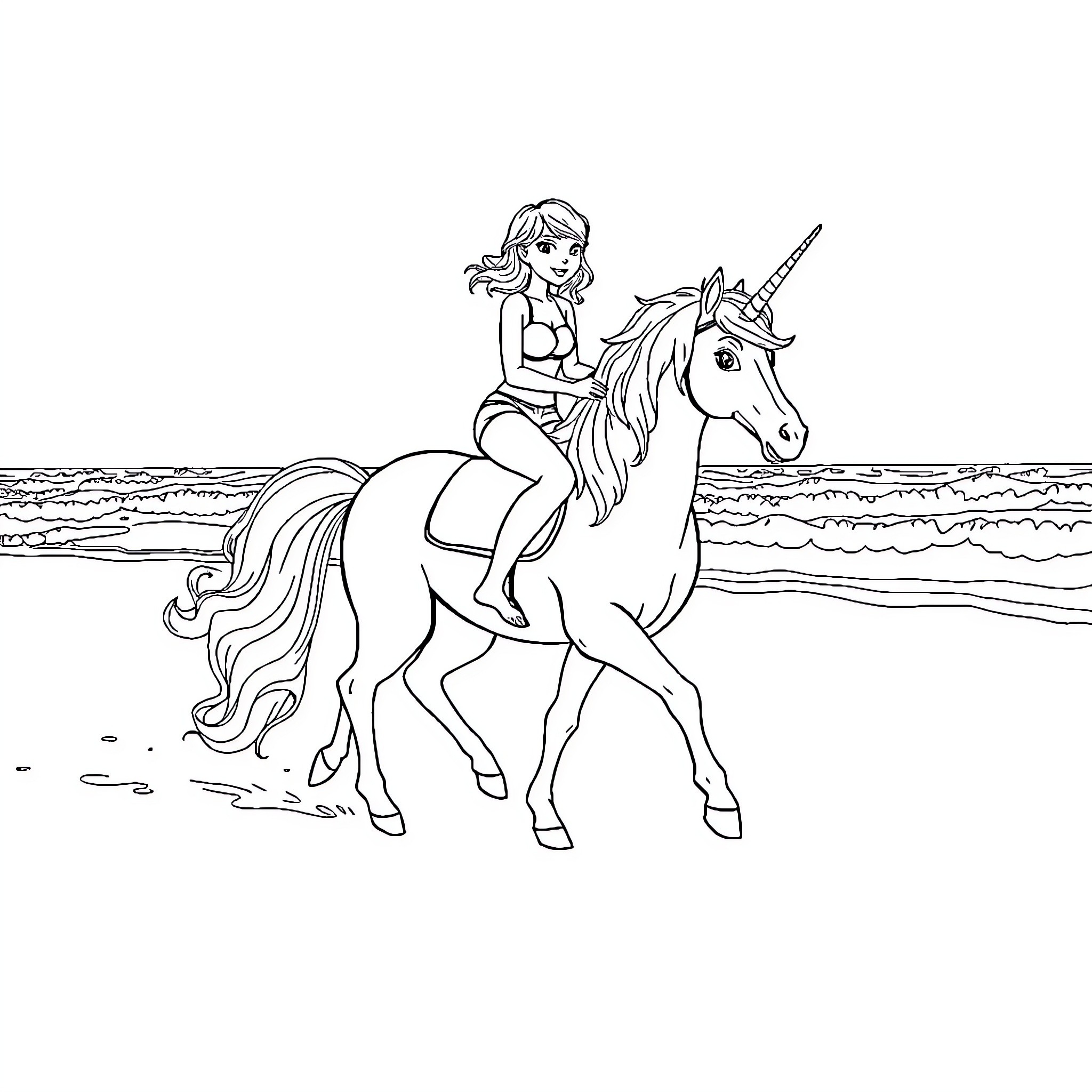 Taylor Swift riding a magical unicorn on the beach Coloring Page (free black-and-white line drawing printable PDF for all, from beginners to advanced learners, including children, teens, adults, and seniors)