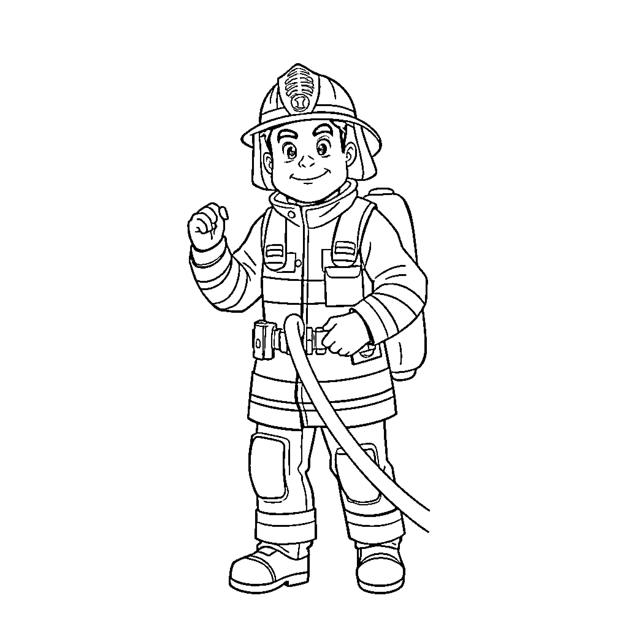 Firefighter Saving the Day with Courage and Gear Coloring Page (free black-and-white line drawing printable PDF for all, from beginners to advanced learners, including children, teens, adults, and seniors)