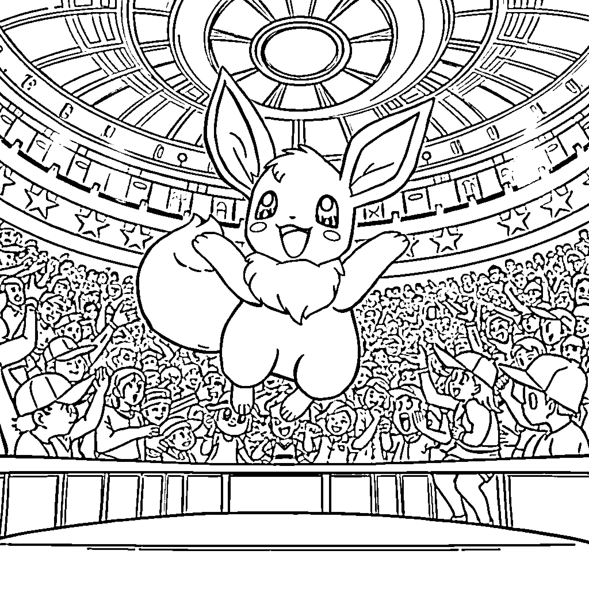 Pokémon Joyful Gathering in the Stadium Coloring Page (free black-and-white line drawing printable PDF for all, from beginners to advanced learners, including children, teens, adults, and seniors)