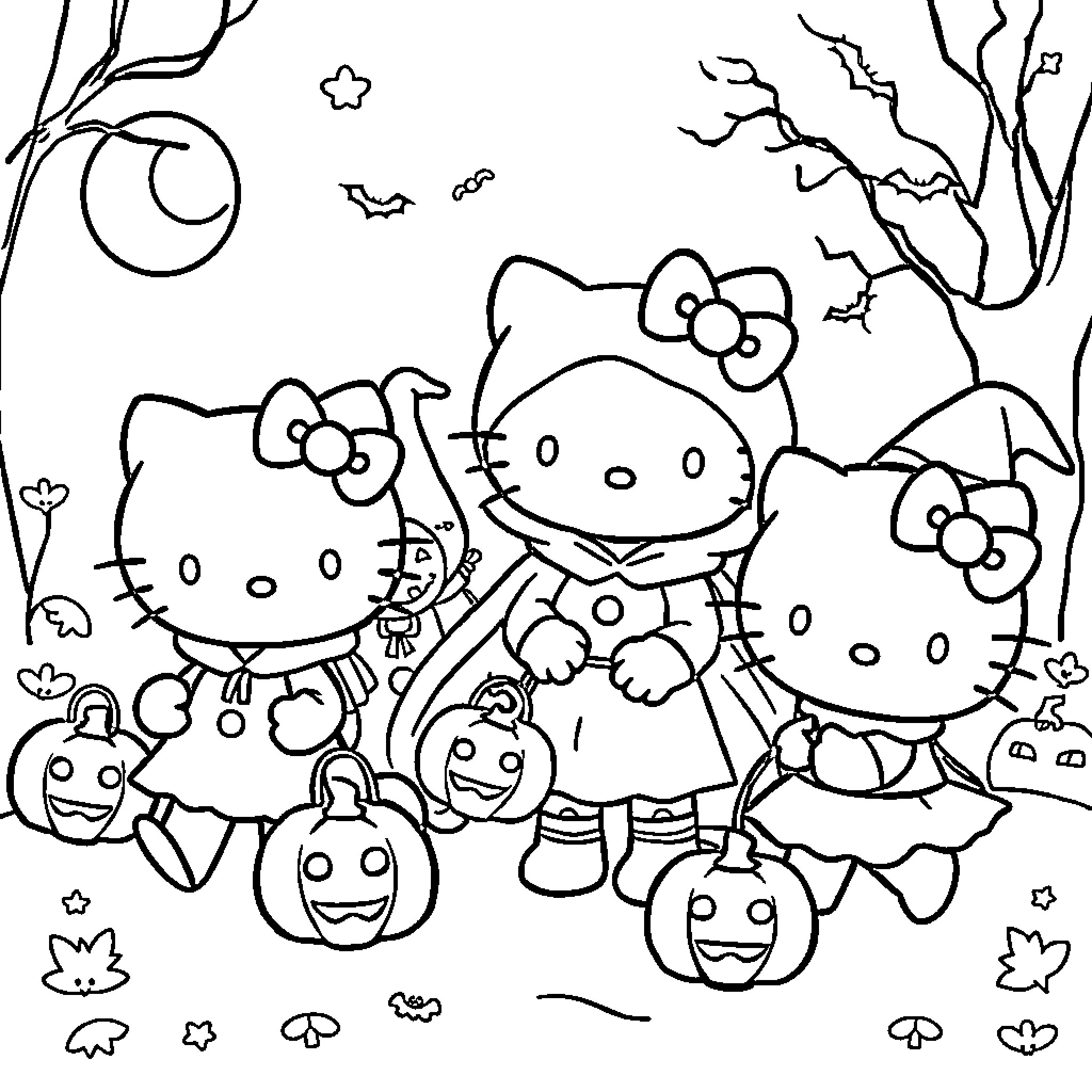 Hello Kitty and Friends Celebrate Halloween Coloring Page (free black-and-white line drawing printable PDF for all, from beginners to advanced learners, including children, teens, adults, and seniors)