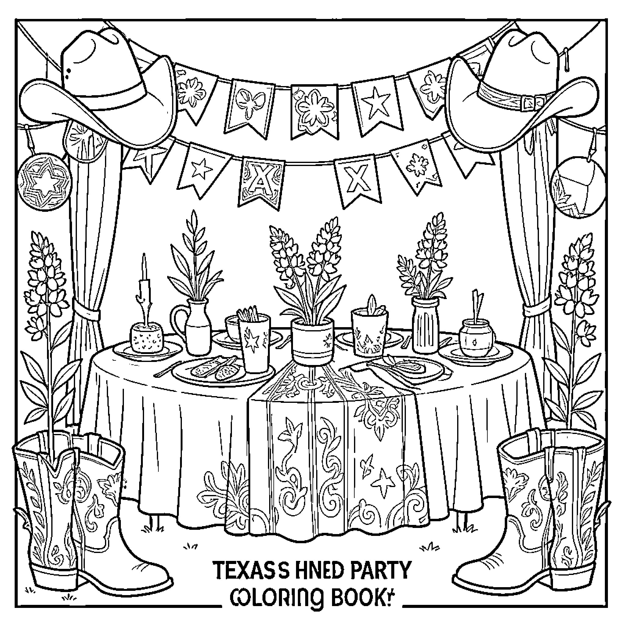Texas-Themed Festive Party Celebration Coloring Page (free black-and-white line drawing printable PDF for all, from beginners to advanced learners, including children, teens, adults, and seniors)