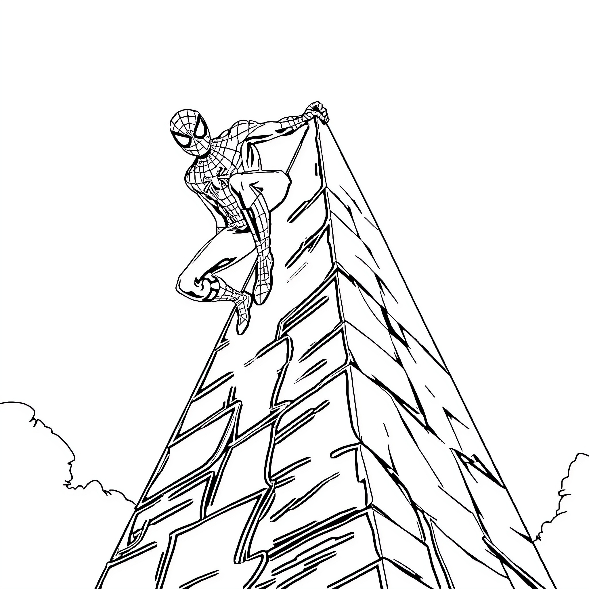 Spiderman climbing up a steep building Coloring Page (free black-and-white line drawing printable PDF for all, from beginners to advanced learners, including children, teens, adults, and seniors)