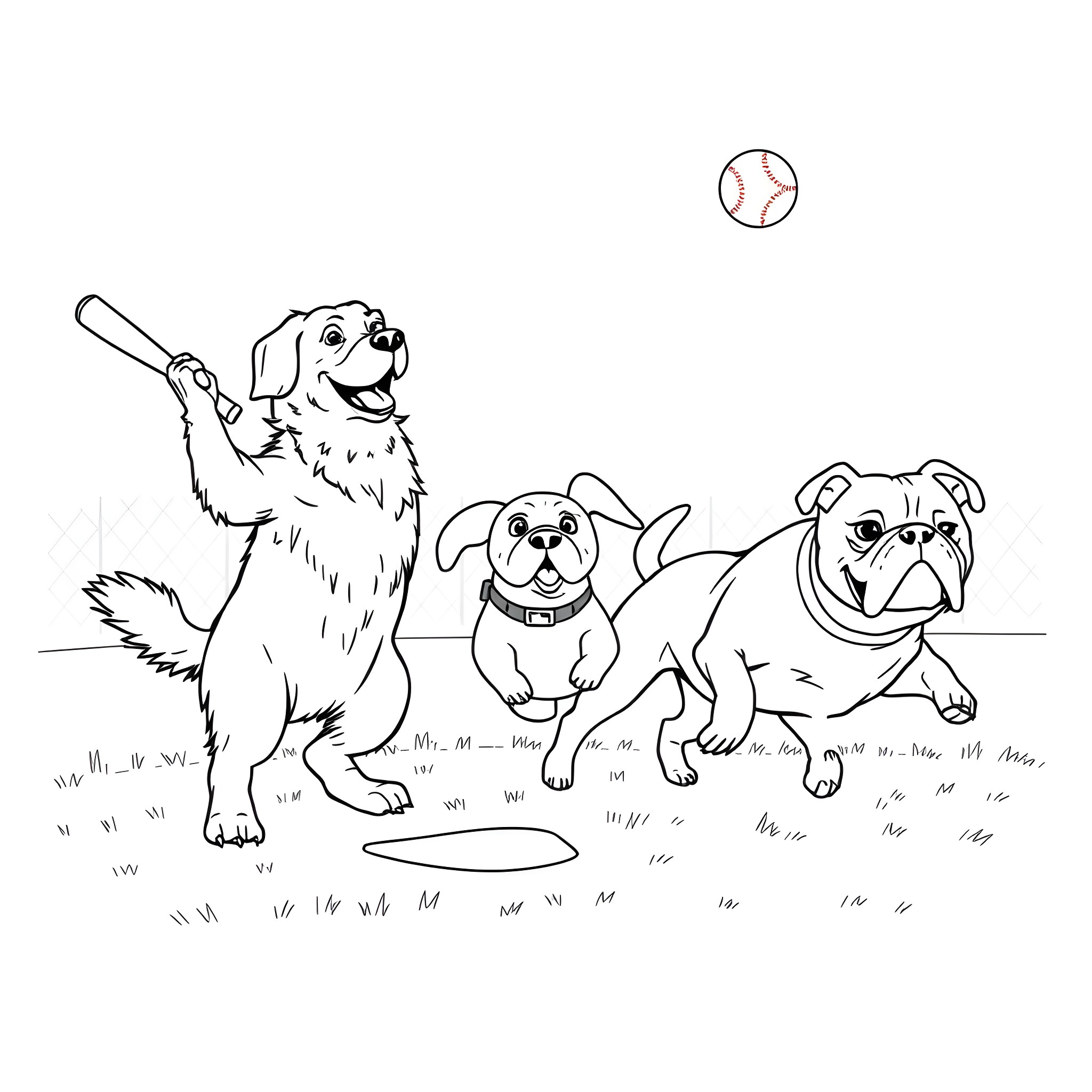Dogs playing and watching a baseball game Coloring Page (free black-and-white line drawing printable PDF for all, from beginners to advanced learners, including children, teens, adults, and seniors)