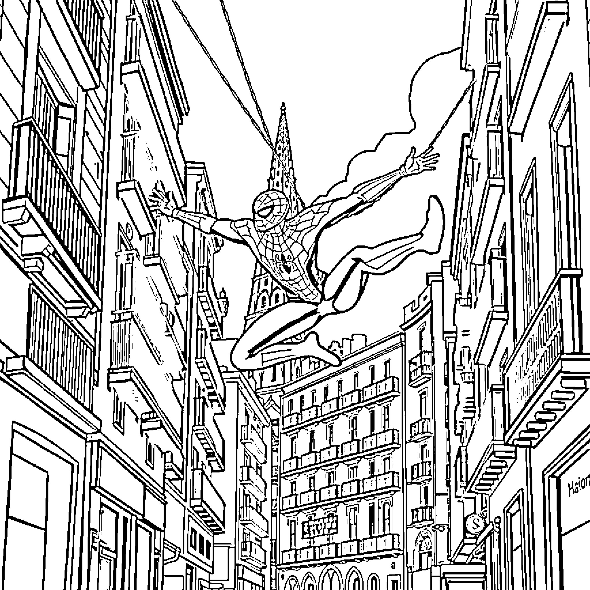 Spiderman swinging through the cityscape Coloring Page (free black-and-white line drawing printable PDF for all, from beginners to advanced learners, including children, teens, adults, and seniors)