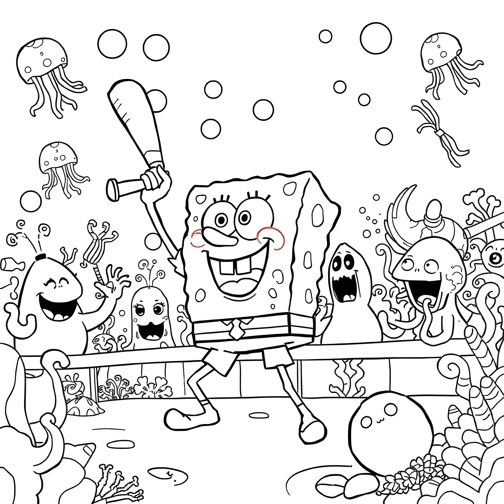 Spongebob and friends in an underwater adventure Coloring Page (free black-and-white line drawing printable PDF for all, from beginners to advanced learners, including children, teens, adults, and seniors)
