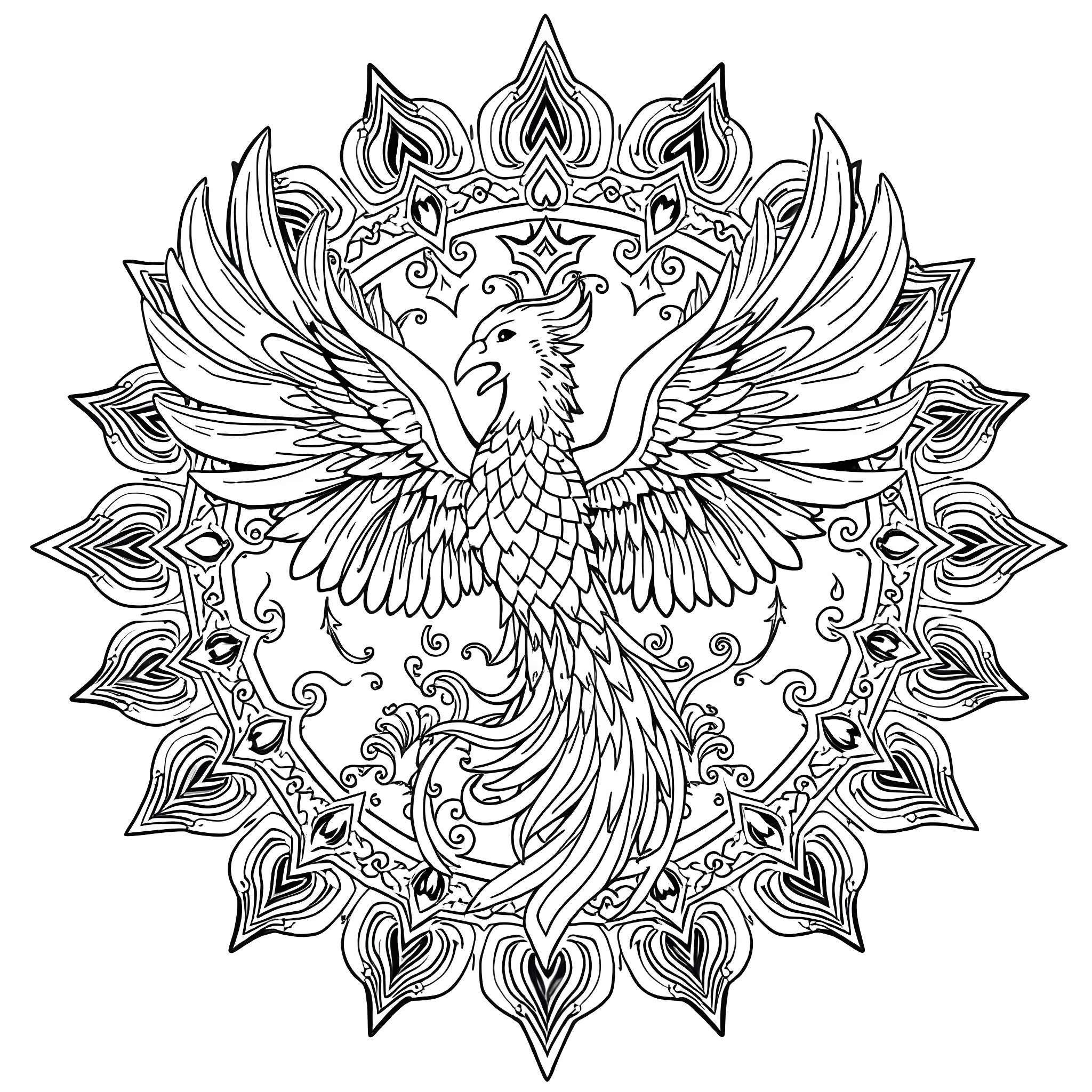 Phoenix rising with ornate floral crown Coloring Page (free black-and-white line drawing printable PDF for all, from beginners to advanced learners, including children, teens, adults, and seniors)