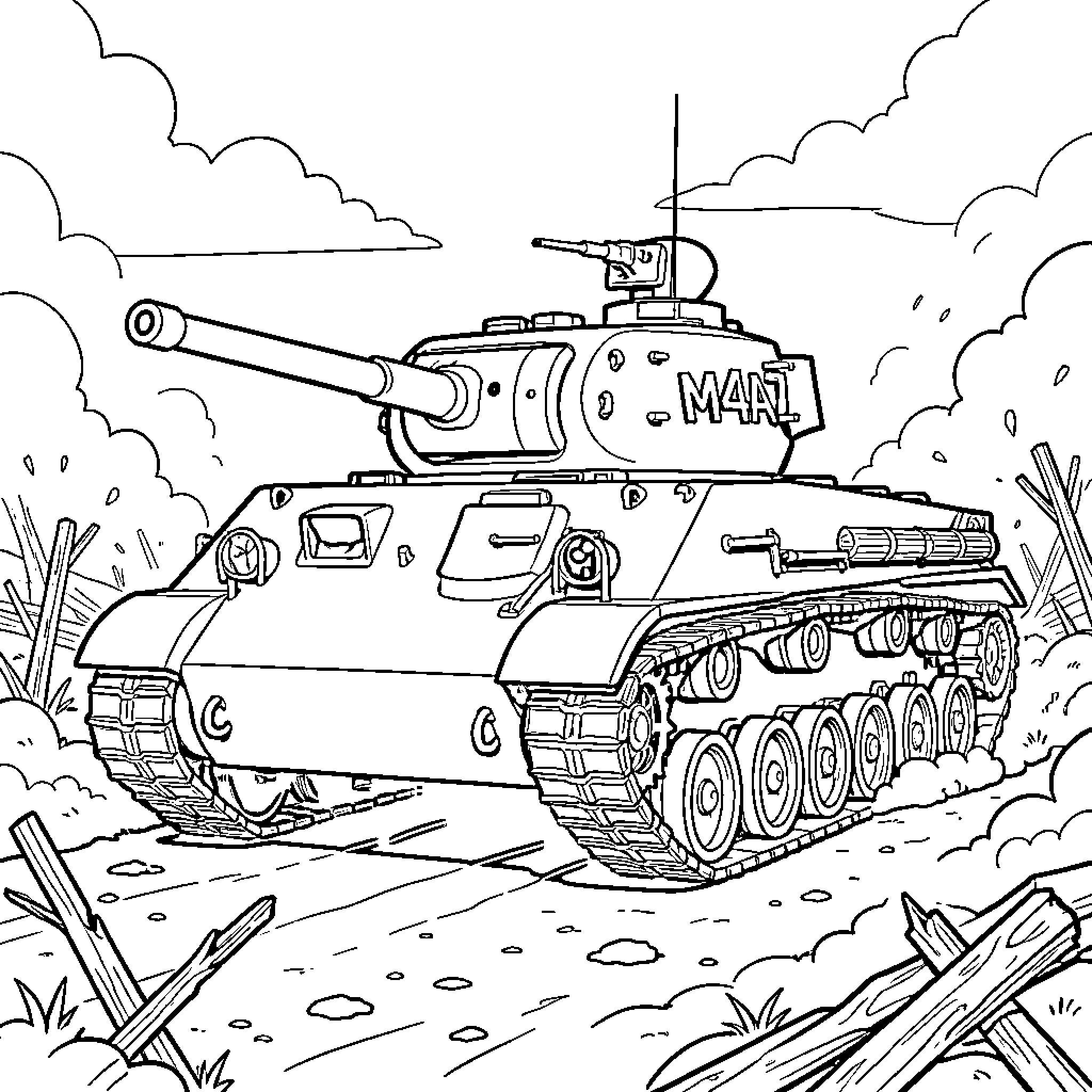 M4A2 Sherman Tank in Action on the Battlefield Coloring Page (free black-and-white line drawing printable PDF for all, from beginners to advanced learners, including children, teens, adults, and seniors)