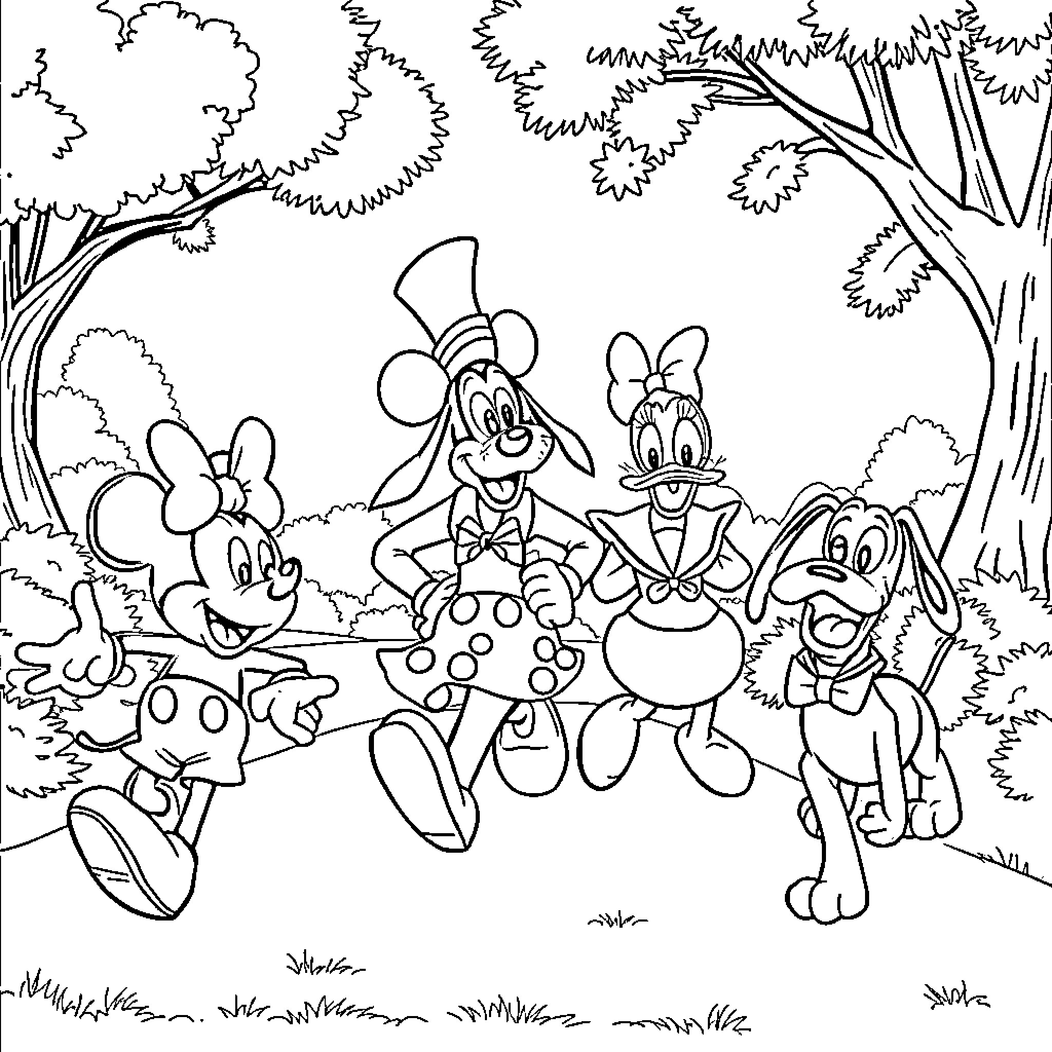 Mickey Mouse and Friends in the Enchanted Forest Coloring Page (free black-and-white line drawing printable PDF for all, from beginners to advanced learners, including children, teens, adults, and seniors)