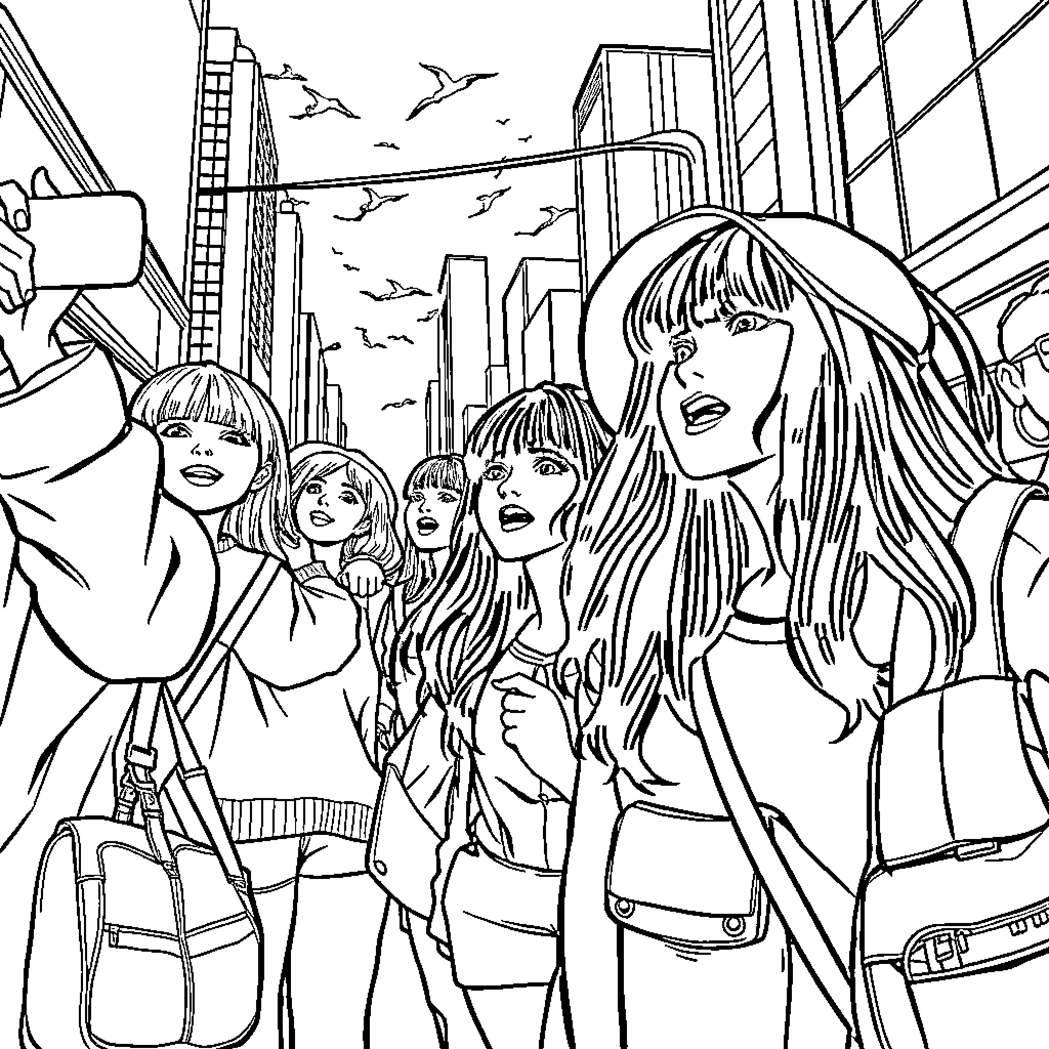 Kpop Hunter: Group of young women in the city Coloring Page (free black-and-white line drawing printable PDF for all, from beginners to advanced learners, including children, teens, adults, and seniors)