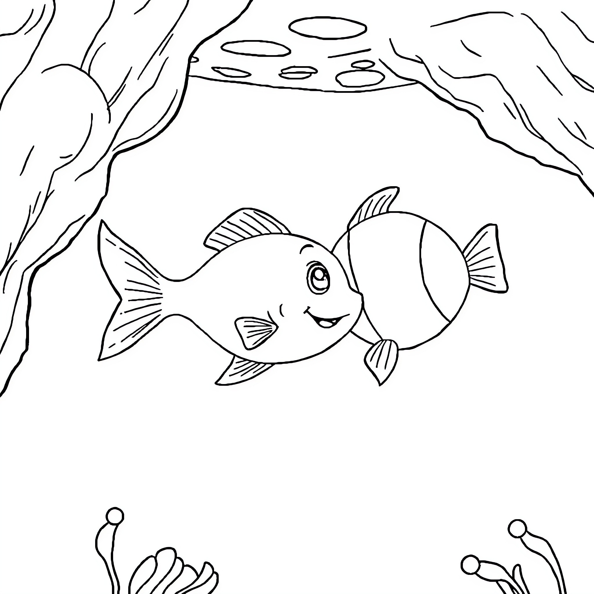Fish swimming happily in the underwater scene Coloring Page (free black-and-white line drawing printable PDF for all, from beginners to advanced learners, including children, teens, adults, and seniors)
