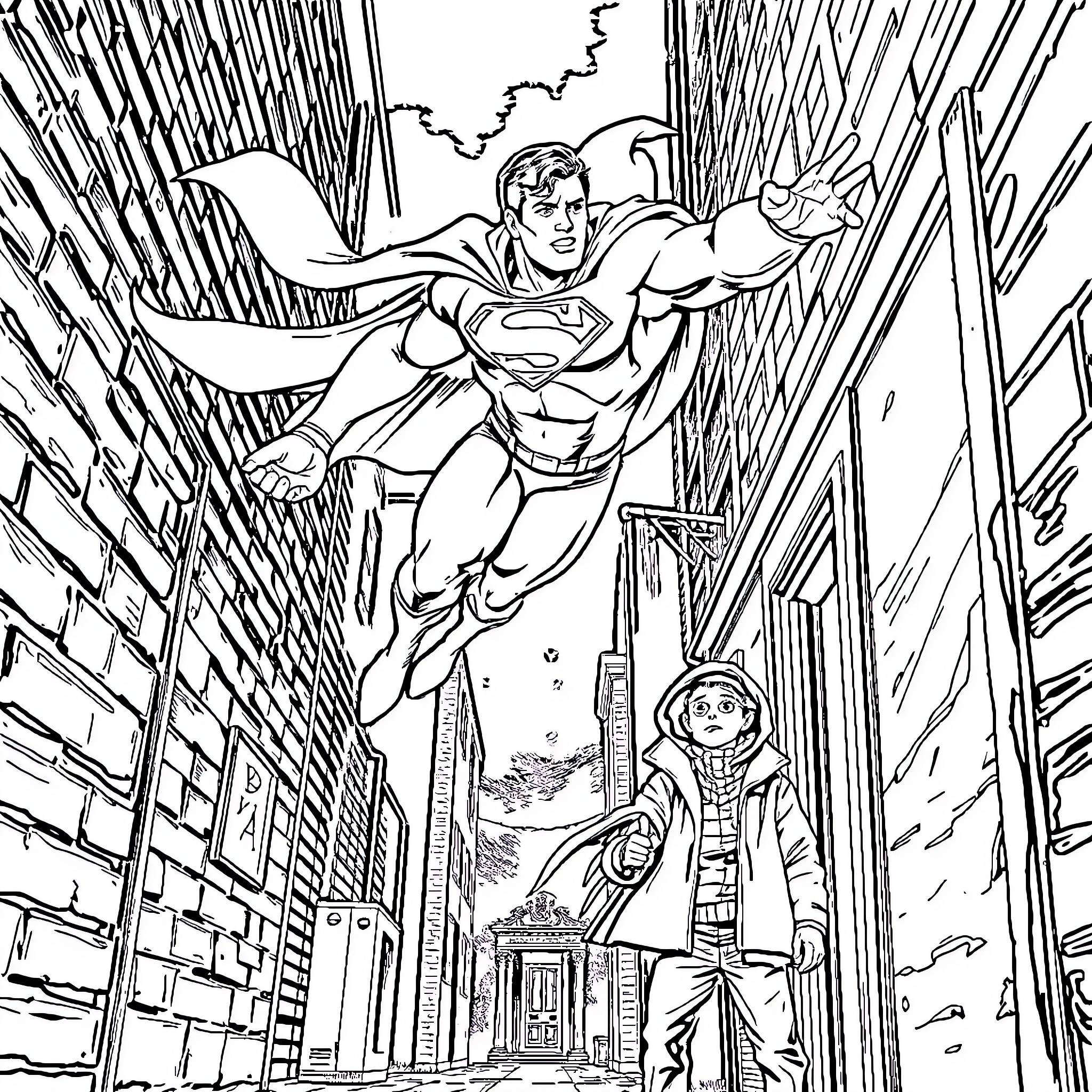 Superman soaring through the city skyline Coloring Page (free black-and-white line drawing printable PDF for all, from beginners to advanced learners, including children, teens, adults, and seniors)