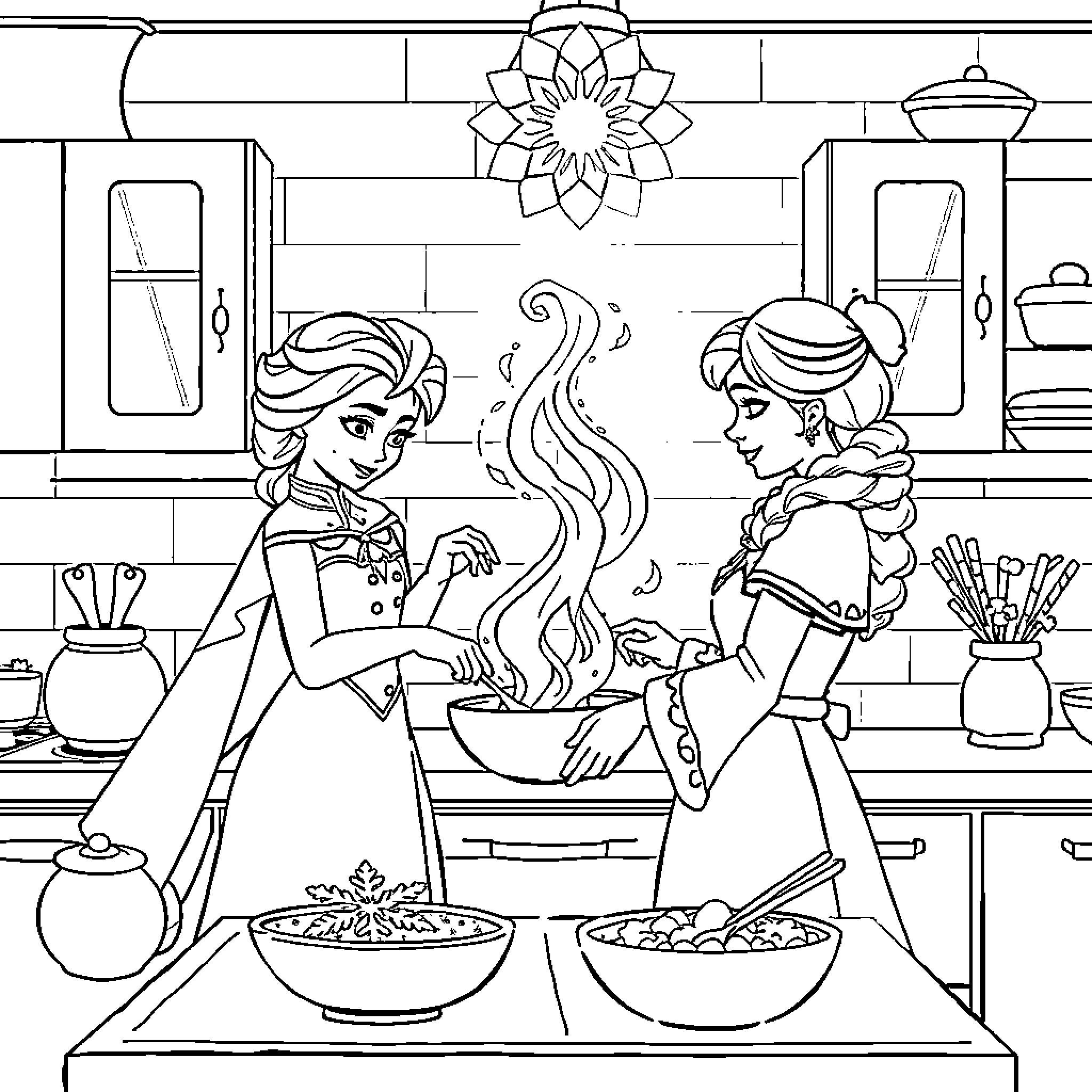 Elsa and Anna Cooking Together in the Kitchen Coloring Page (free black-and-white line drawing printable PDF for all, from beginners to advanced learners, including children, teens, adults, and seniors)