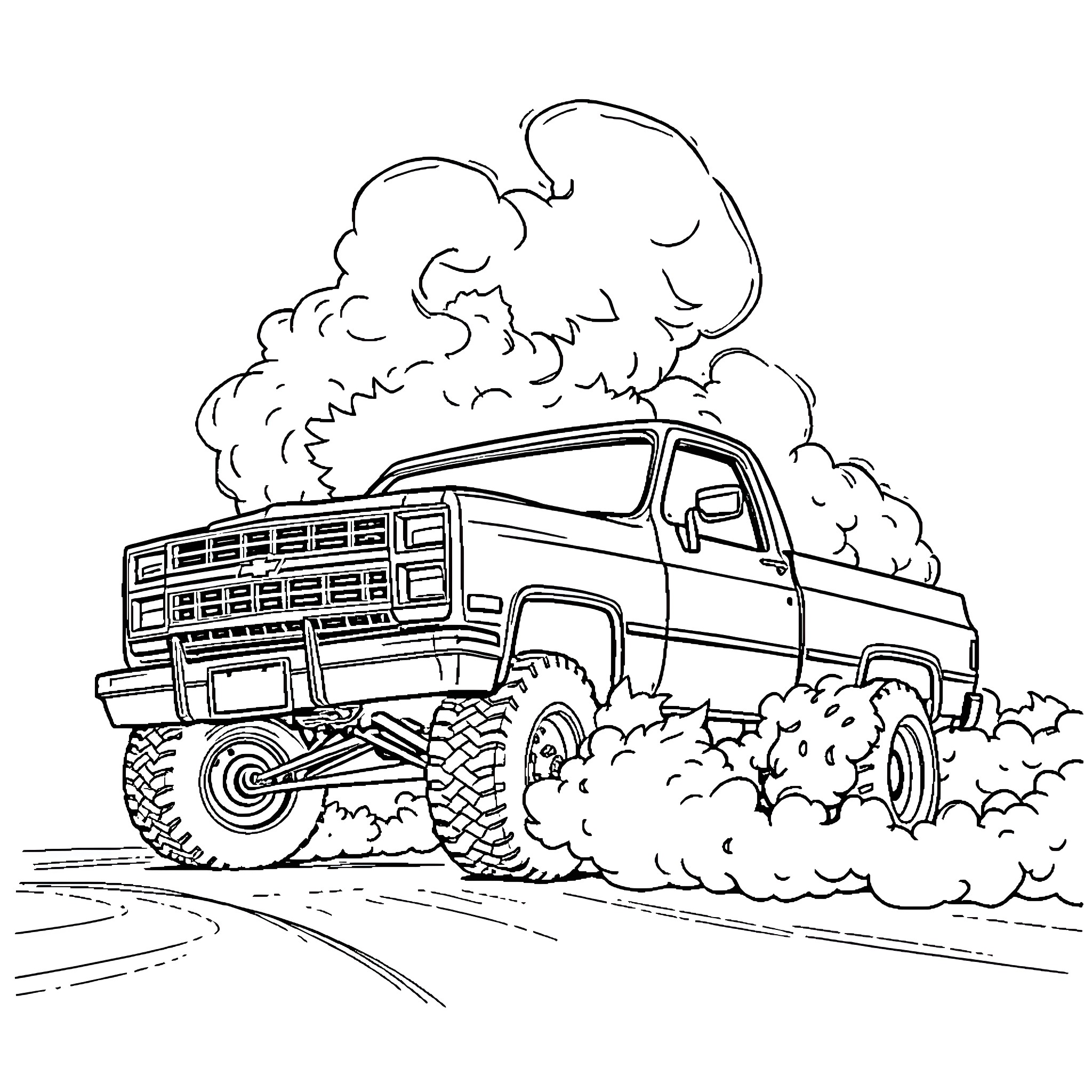Chevrolet C10 Mud Truck Speeding Down Dirt Road Coloring Page (free black-and-white line drawing printable PDF for all, from beginners to advanced learners, including children, teens, adults, and seniors)