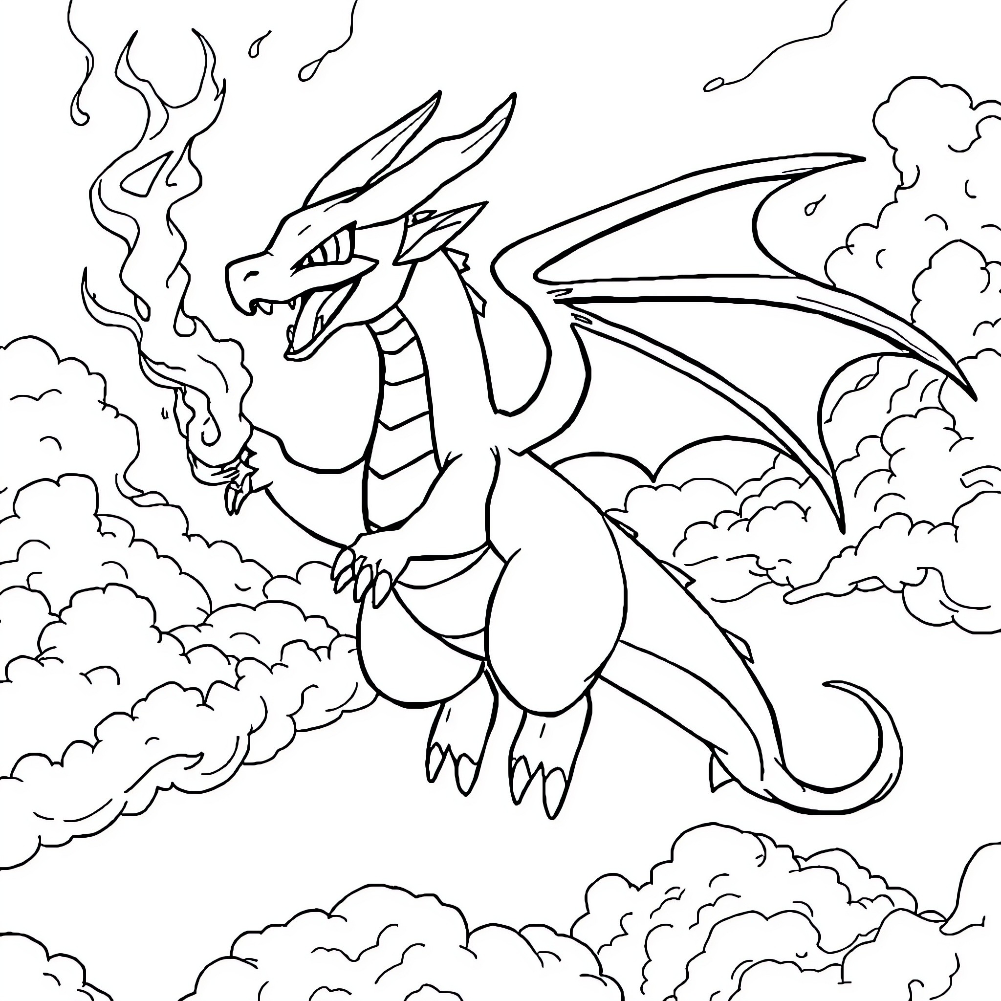 Dracaufeu breathing fire in the clouds Coloring Page (free black-and-white line drawing printable PDF for all, from beginners to advanced learners, including children, teens, adults, and seniors)