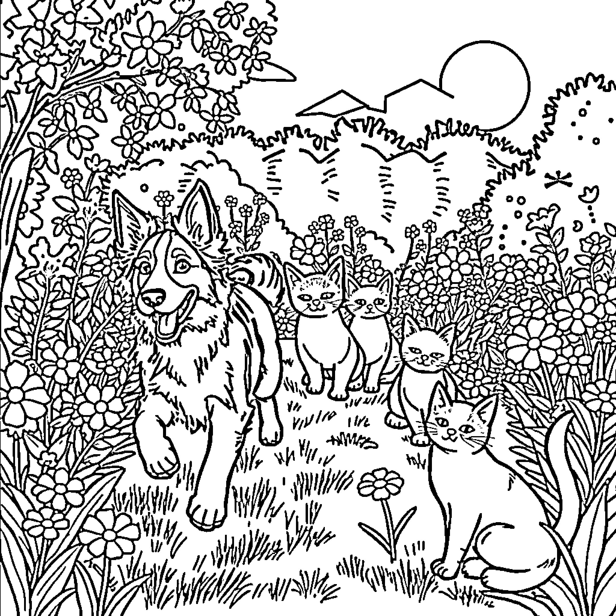 Border Collie playing with kittens in a flower garden Coloring Page (free black-and-white line drawing printable PDF for all, from beginners to advanced learners, including children, teens, adults, and seniors)