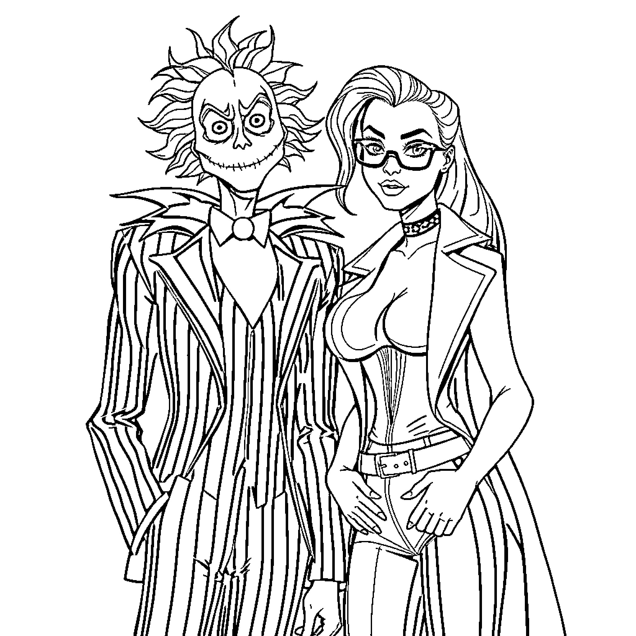 Beetlejuice and his ghostly companion in eerie attire Coloring Page (free black-and-white line drawing printable PDF for all, from beginners to advanced learners, including children, teens, adults, and seniors)