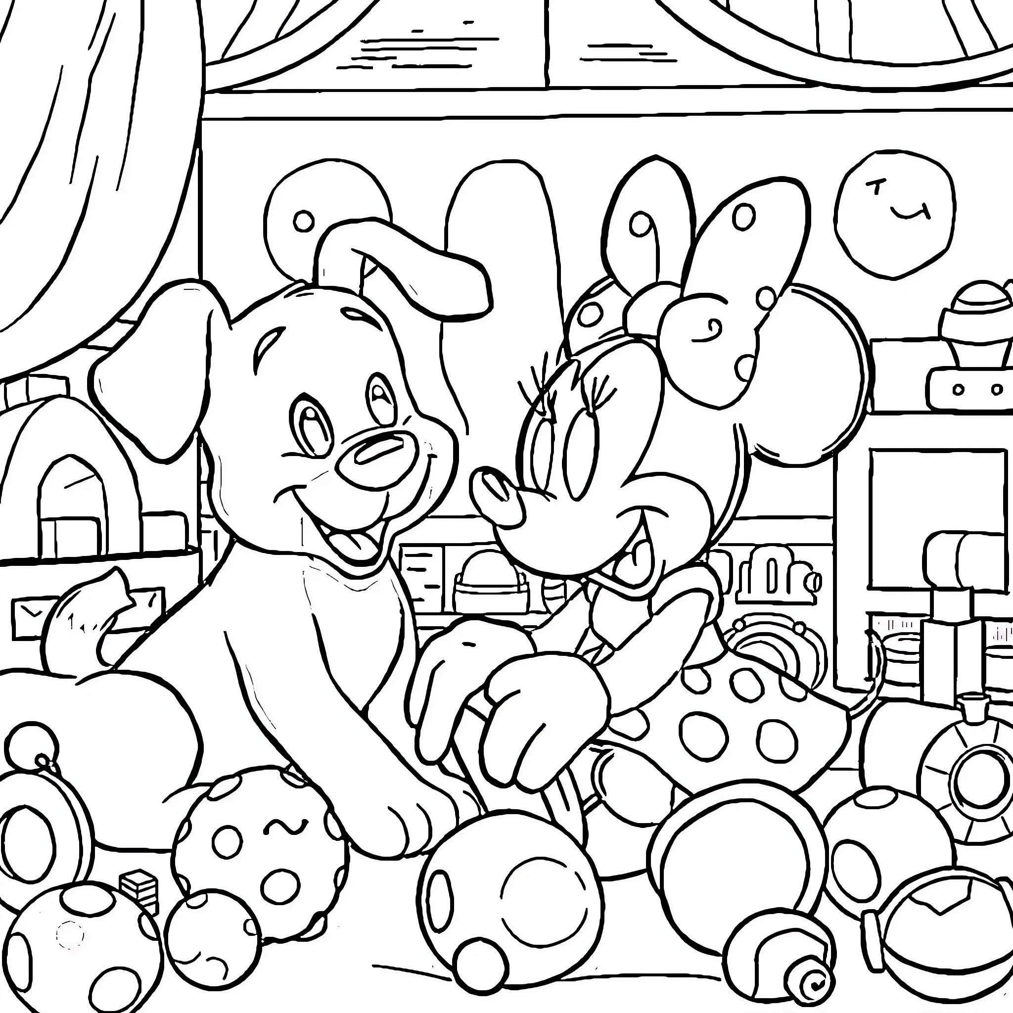 Bluey and Friends in a Playful Scene Coloring Page (free black-and-white line drawing printable PDF for all, from beginners to advanced learners, including children, teens, adults, and seniors)
