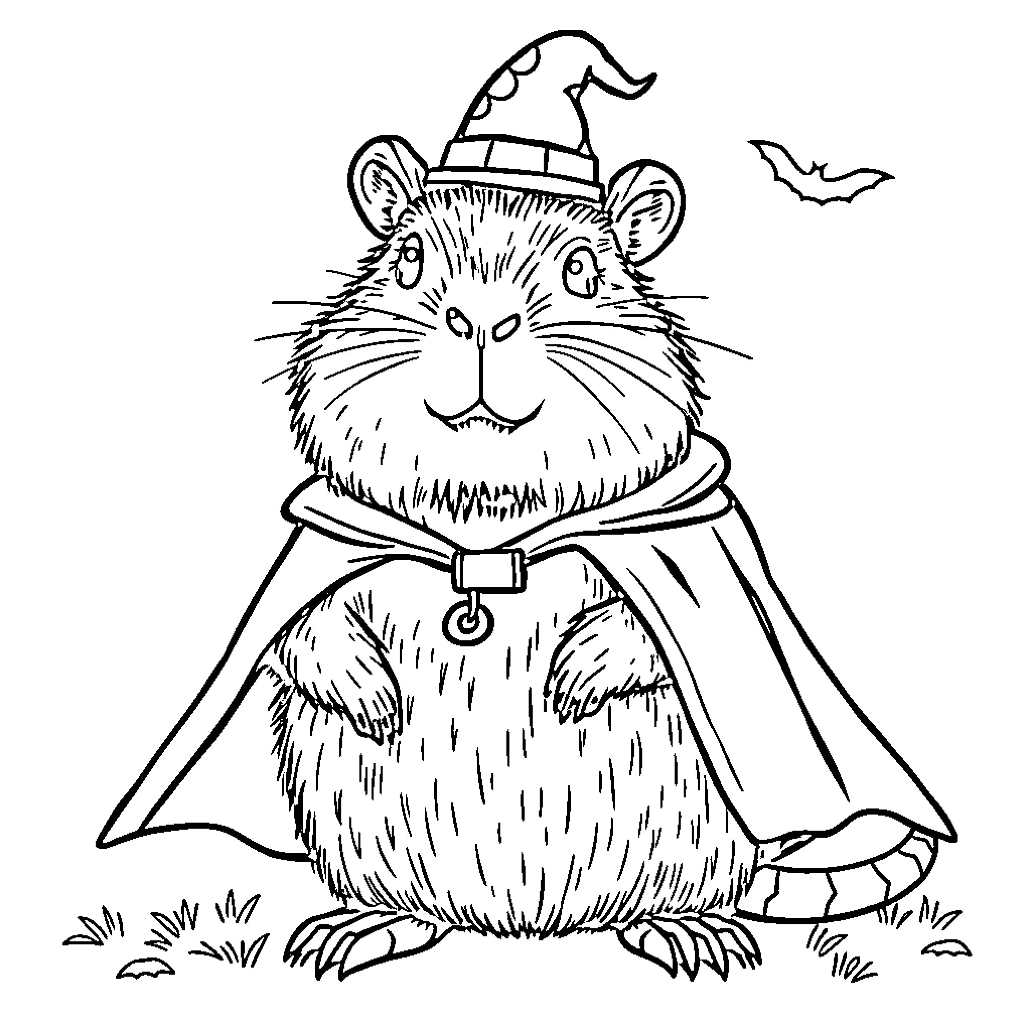 Capybara dressed up in Halloween costume Coloring Page (free black-and-white line drawing printable PDF for all, from beginners to advanced learners, including children, teens, adults, and seniors)
