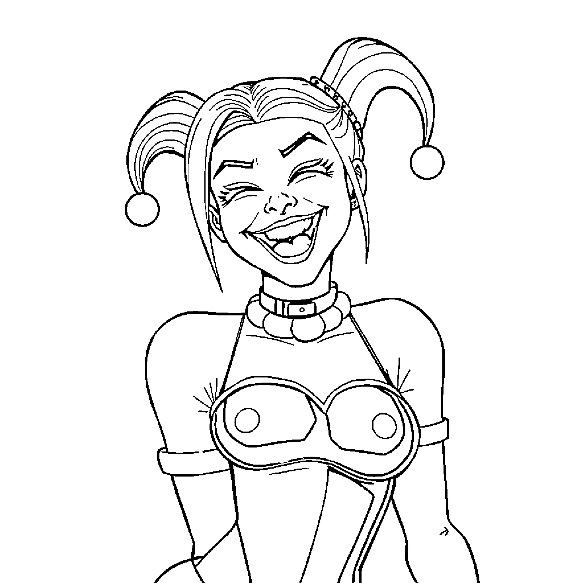 Harley Quinn laughing and striking a playful pose Coloring Page (free black-and-white line drawing printable PDF for all, from beginners to advanced learners, including children, teens, adults, and seniors)