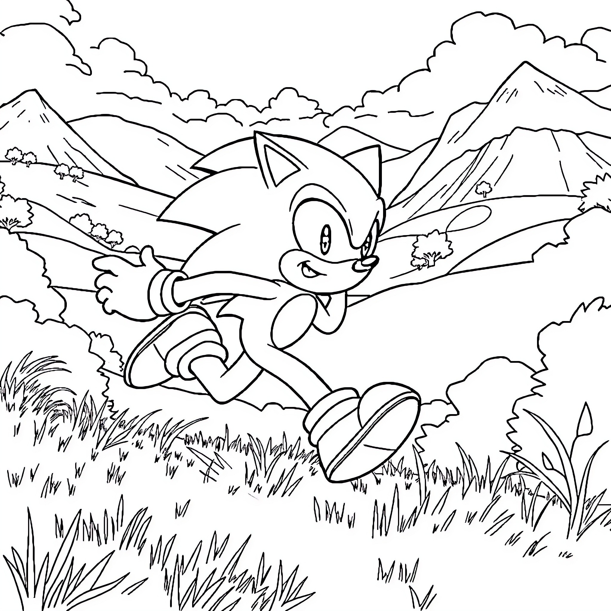 Sonic speedily running through the mountainous landscape Coloring Page (free black-and-white line drawing printable PDF for all, from beginners to advanced learners, including children, teens, adults, and seniors)