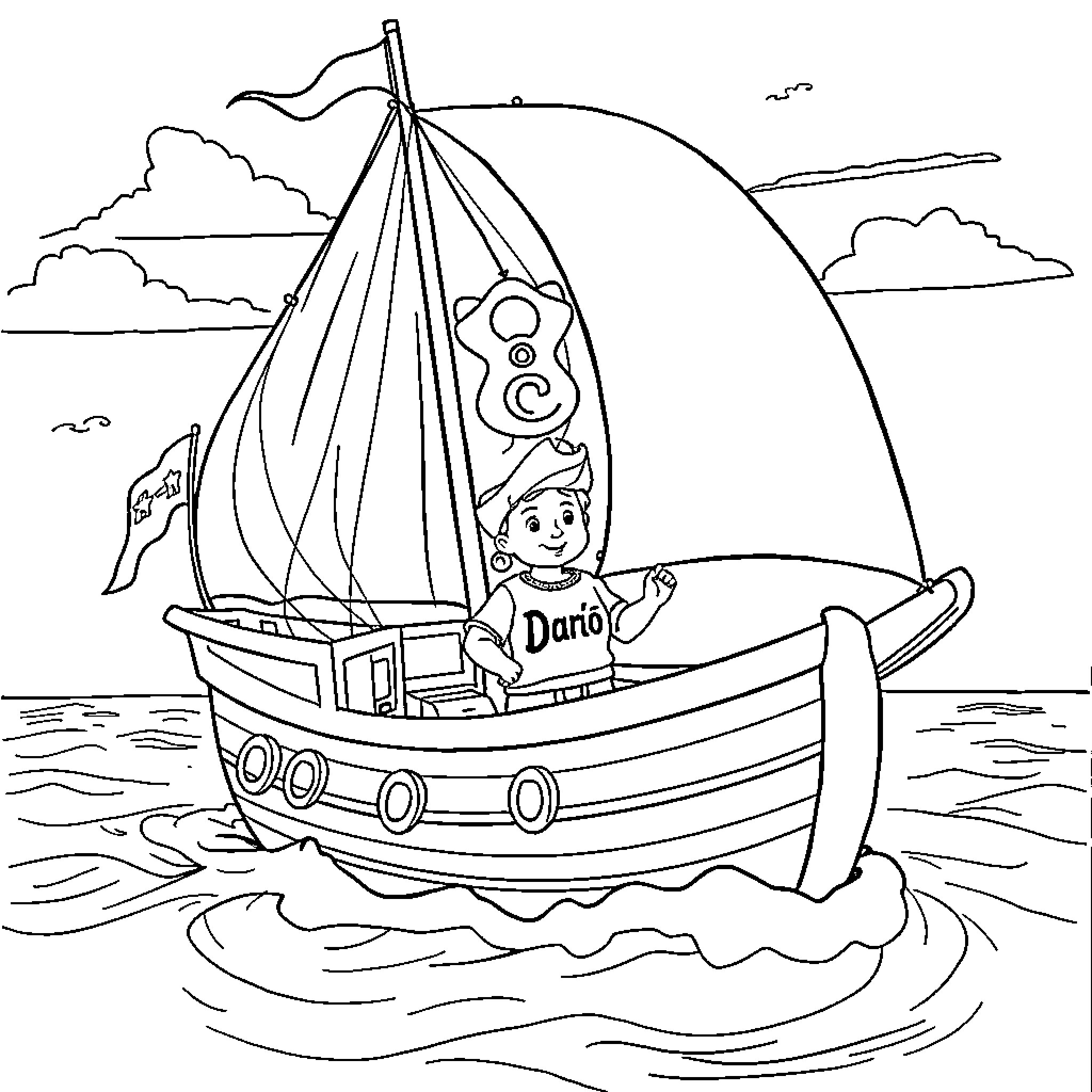 Barco Pirata with a Boy Sailing on the Sea Coloring Page (free black-and-white line drawing printable PDF for all, from beginners to advanced learners, including children, teens, adults, and seniors)