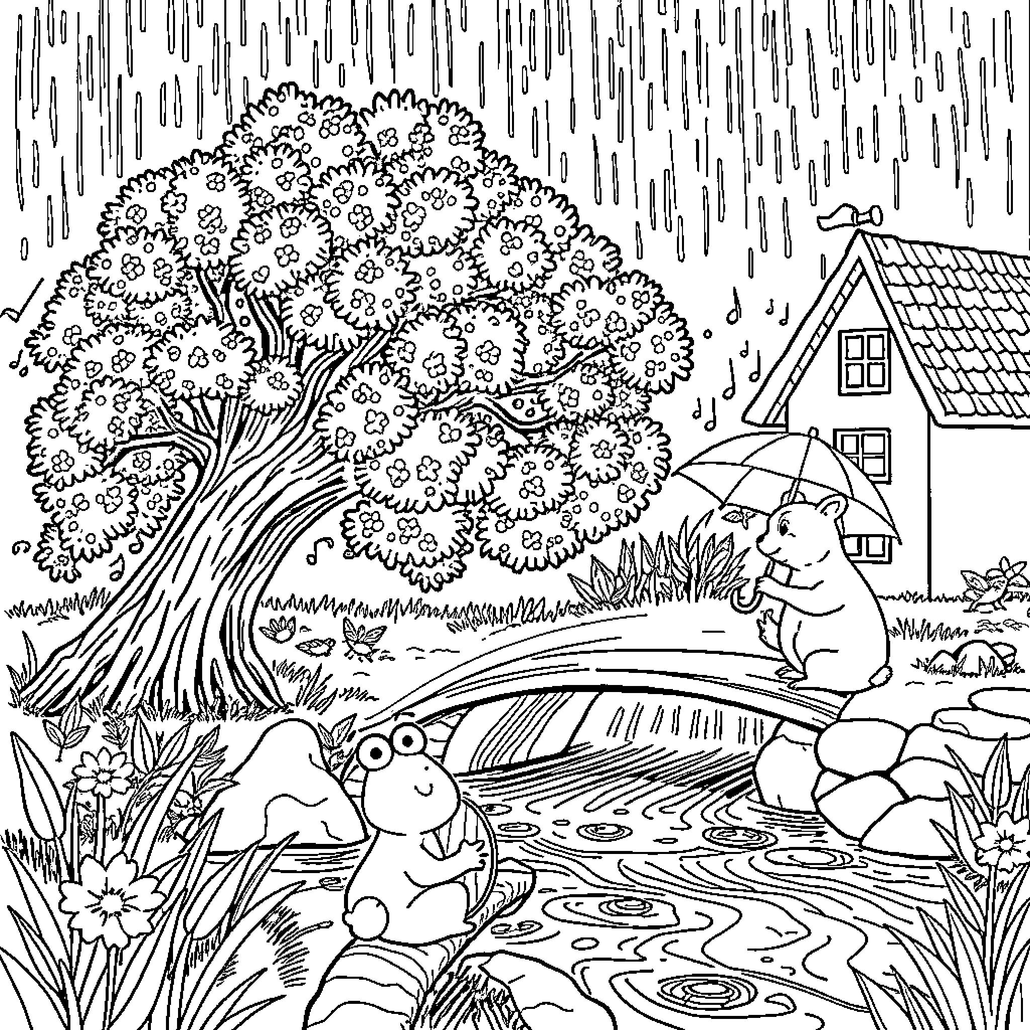 Rabbit family playing in the rain near cozy cottage Coloring Page (free black-and-white line drawing printable PDF for all, from beginners to advanced learners, including children, teens, adults, and seniors)