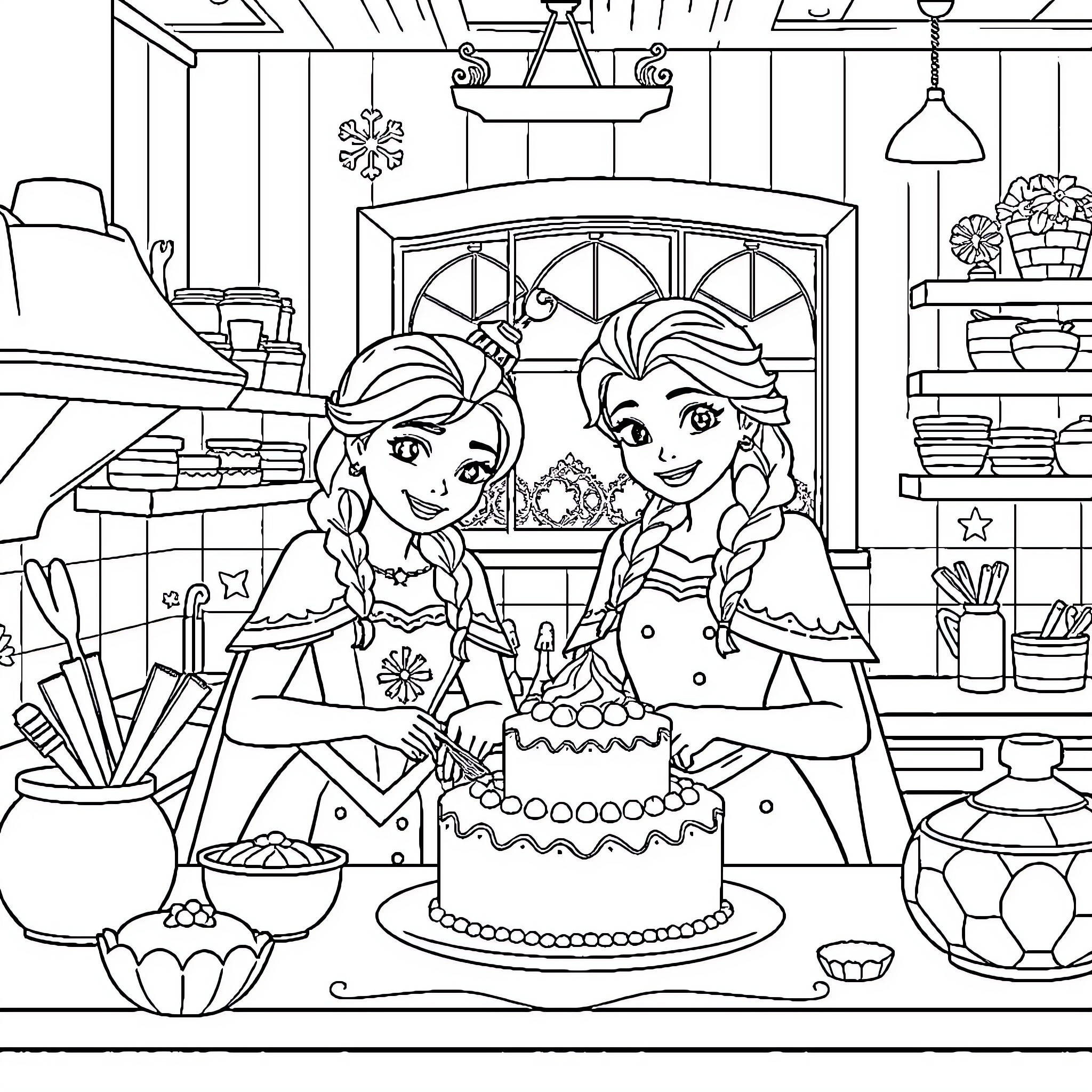 Elsa and Anna baking a festive cake together Coloring Page (free black-and-white line drawing printable PDF for all, from beginners to advanced learners, including children, teens, adults, and seniors)