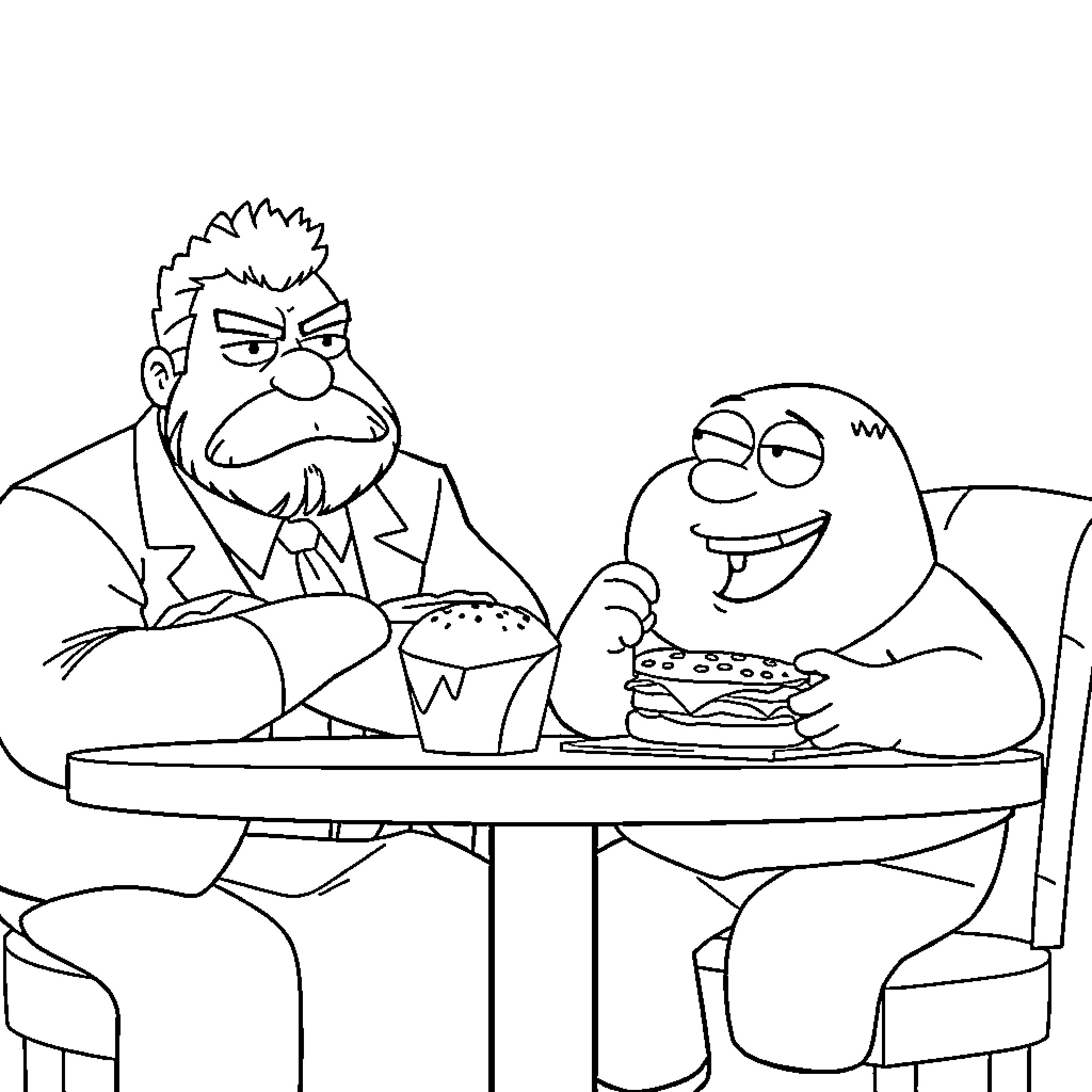 Peter Griffin and his friend enjoy a meal together Coloring Page (free black-and-white line drawing printable PDF for all, from beginners to advanced learners, including children, teens, adults, and seniors)