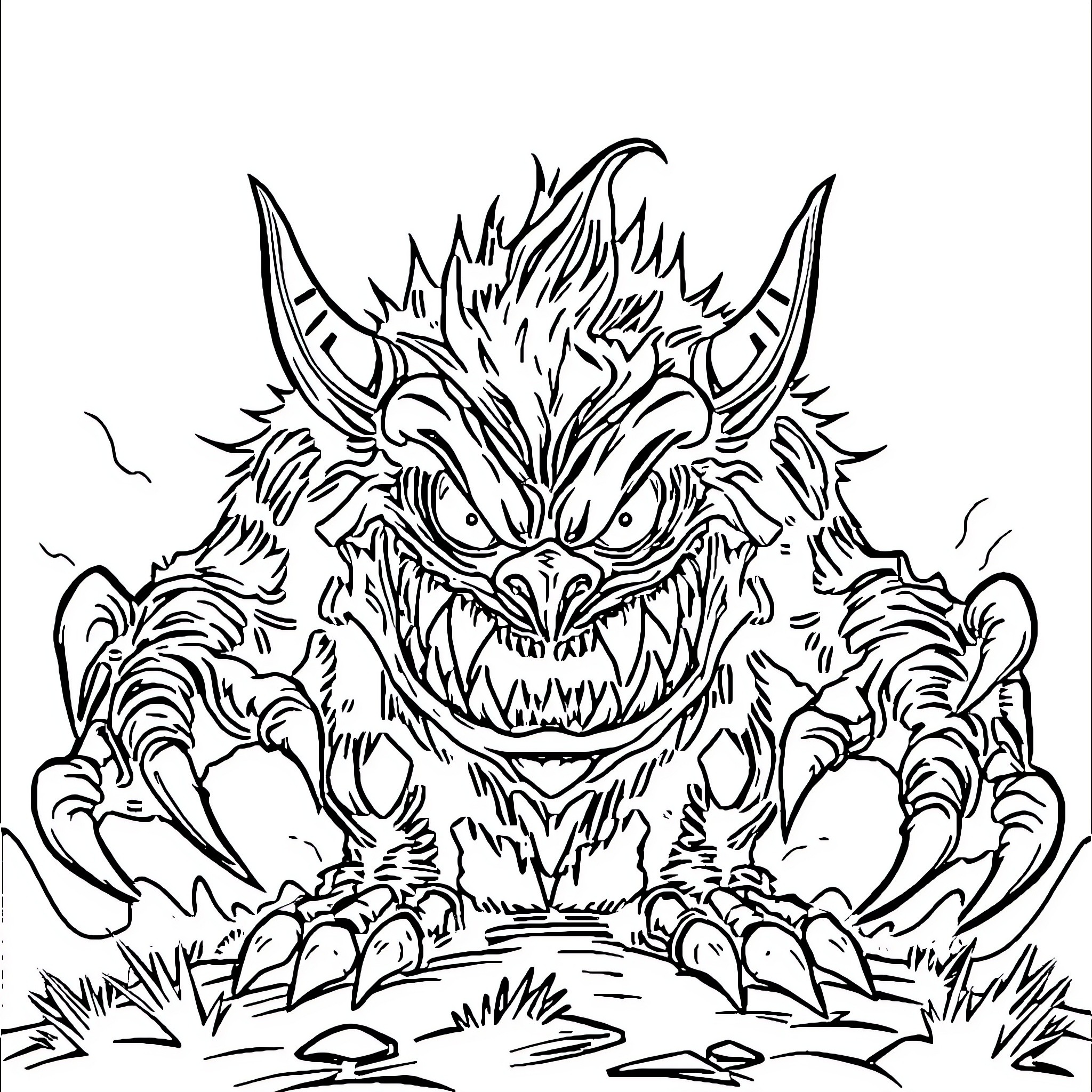 Monster with Fearsome Claws and Fangs Coloring Page (free black-and-white line drawing printable PDF for all, from beginners to advanced learners, including children, teens, adults, and seniors)