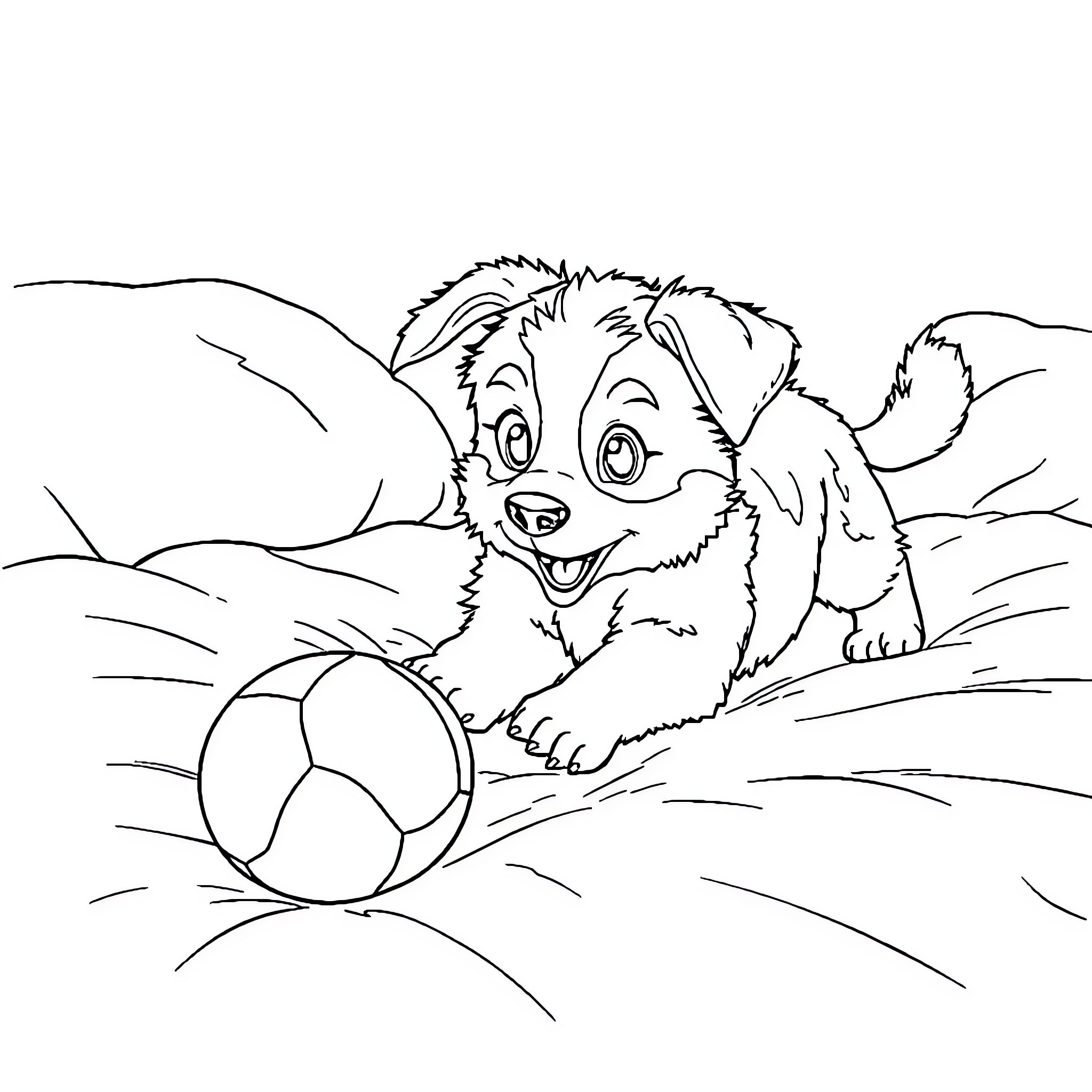Cory the Puppy Plays with a Ball Outdoors Coloring Page (free black-and-white line drawing printable PDF for all, from beginners to advanced learners, including children, teens, adults, and seniors)