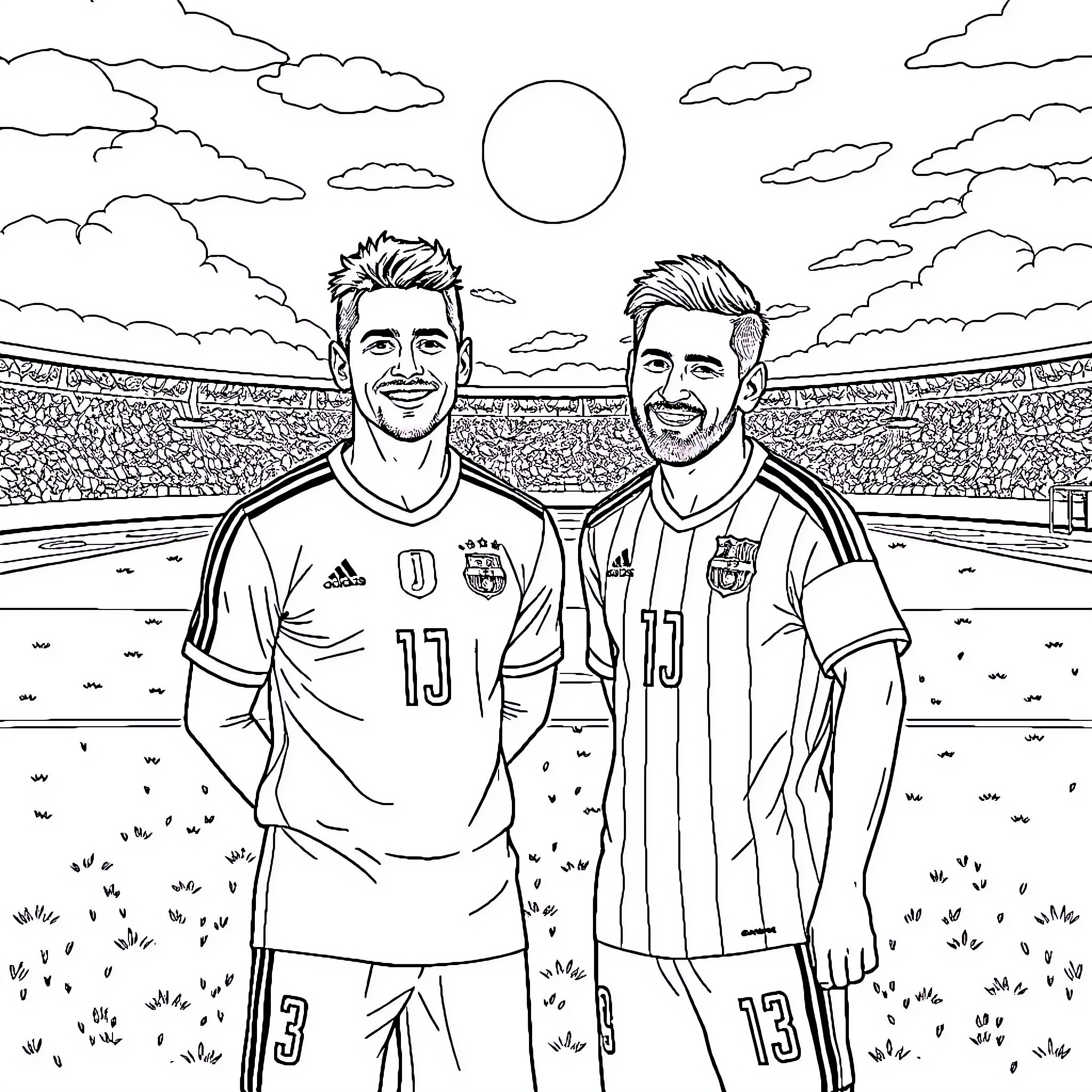 Ronaldo and Messi standing on soccer field Coloring Page (free black-and-white line drawing printable PDF for all, from beginners to advanced learners, including children, teens, adults, and seniors)