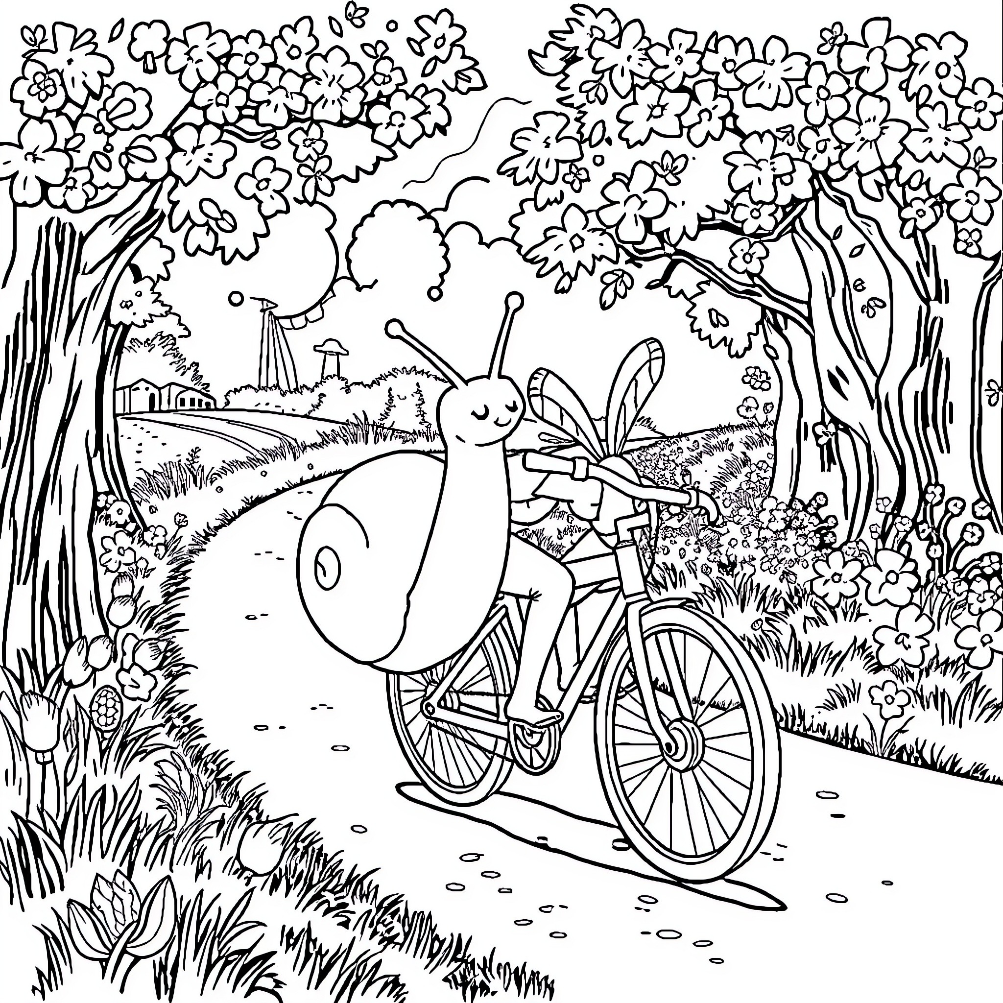 Escargot enjoying a leisurely bicycle ride through a floral landscape Coloring Page (free black-and-white line drawing printable PDF for all, from beginners to advanced learners, including children, teens, adults, and seniors)