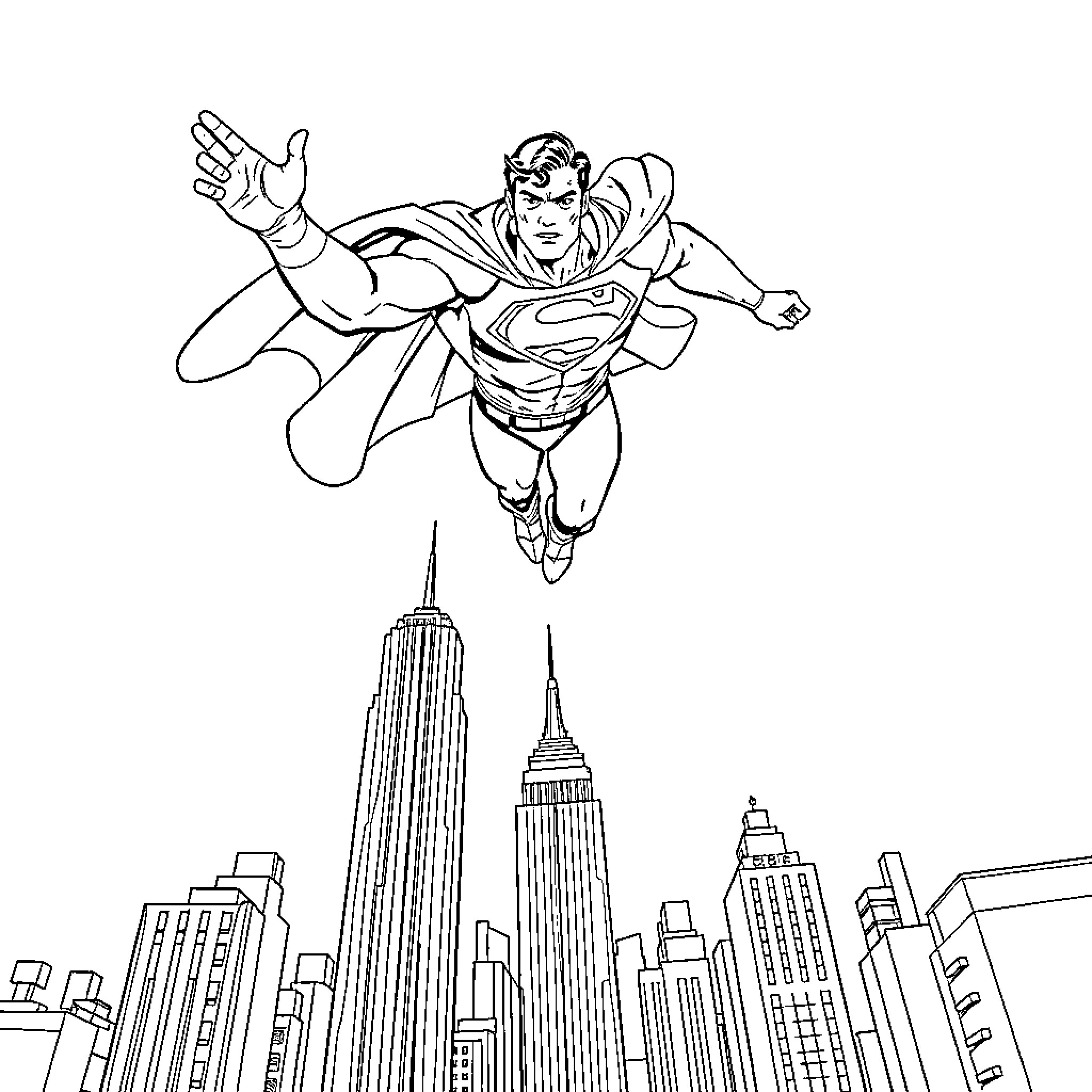 Superman flying over the city skyline Coloring Page (free black-and-white line drawing printable PDF for all, from beginners to advanced learners, including children, teens, adults, and seniors)