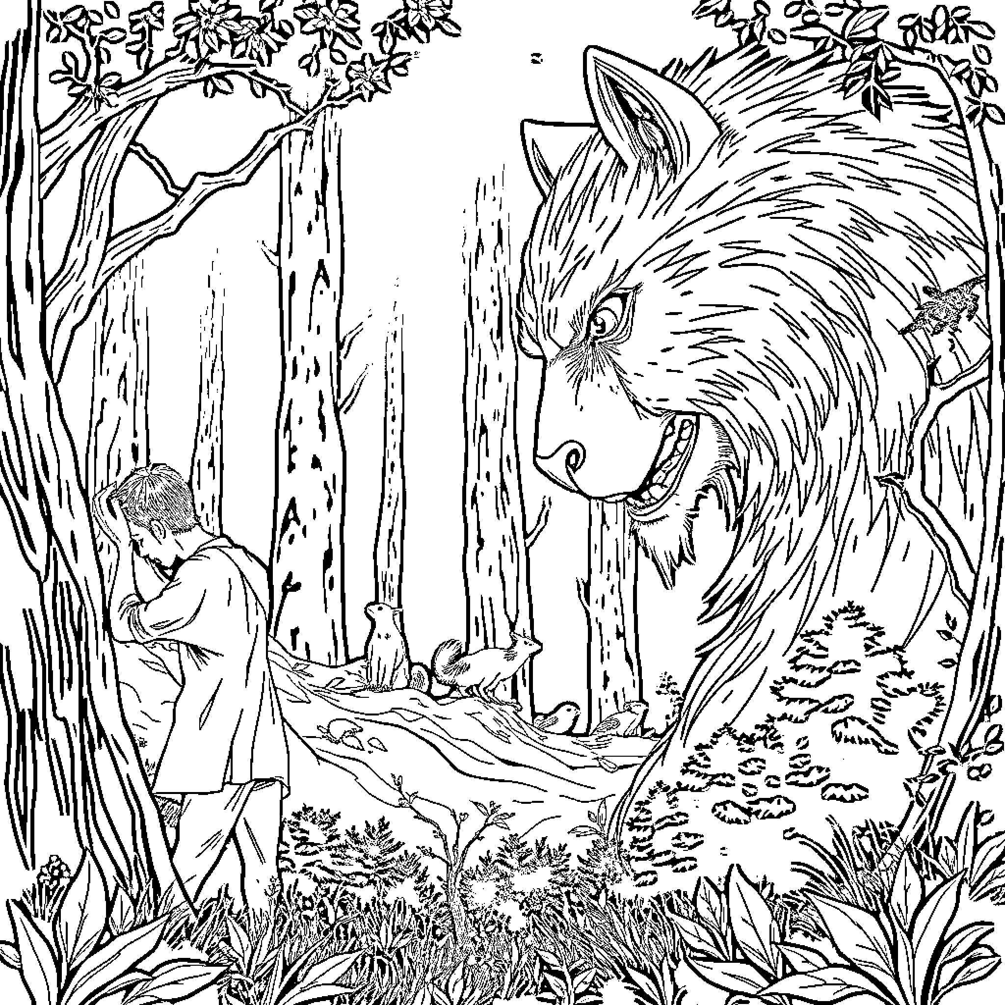 Bear protecting person in forest wilderness Coloring Page (free black-and-white line drawing printable PDF for all, from beginners to advanced learners, including children, teens, adults, and seniors)