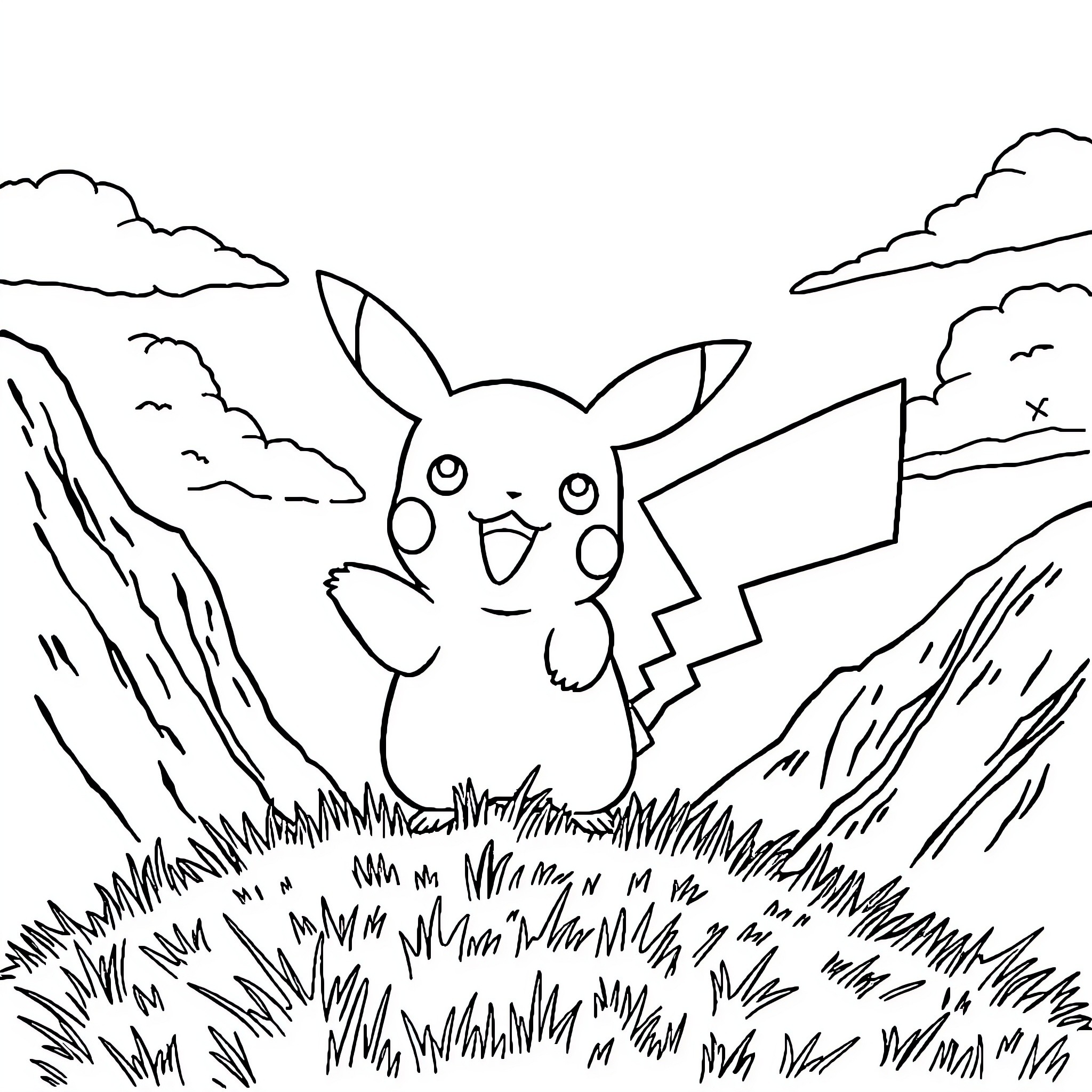Pikachu exploring the nature scenery Coloring Page (free black-and-white line drawing printable PDF for all, from beginners to advanced learners, including children, teens, adults, and seniors)