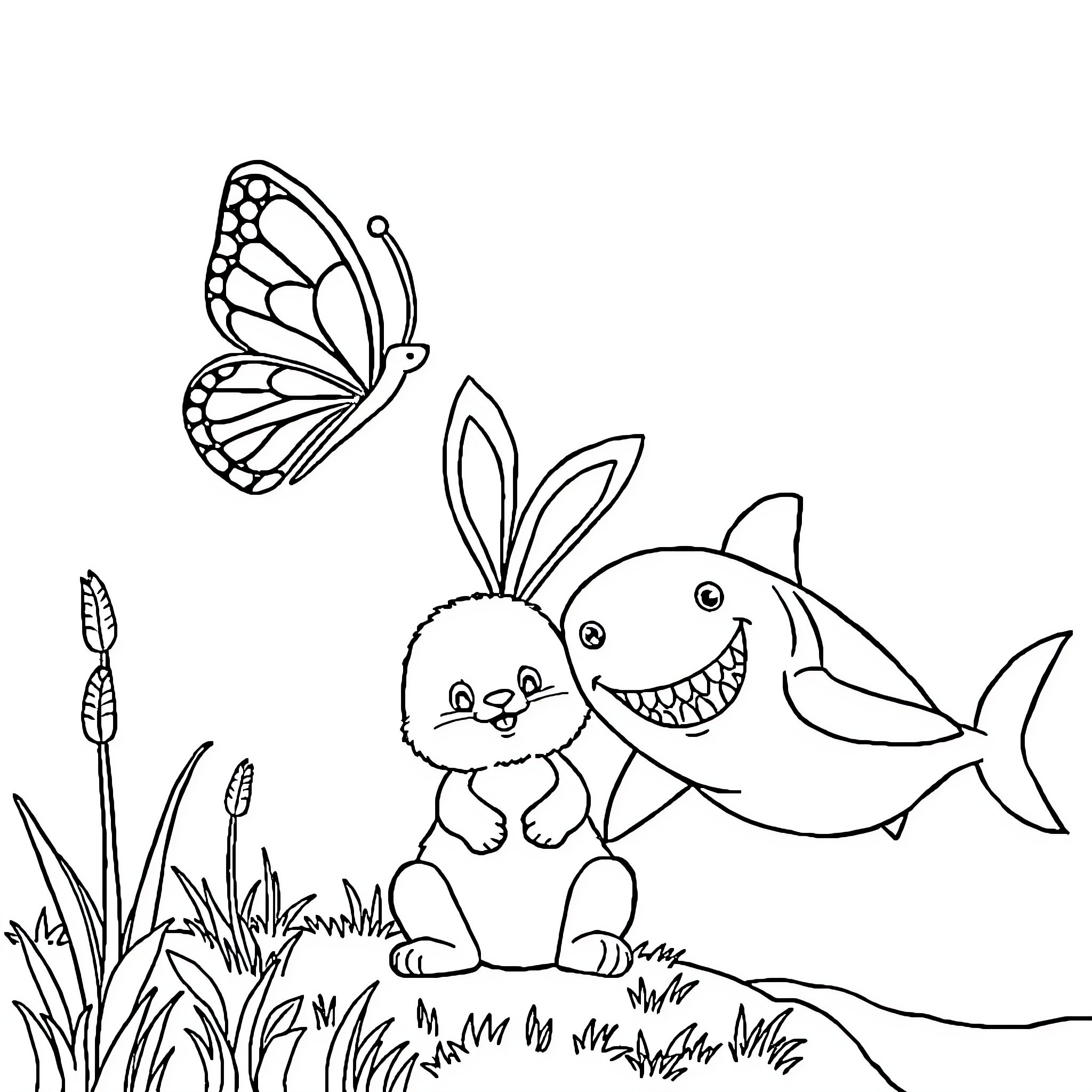 Butterfly and friendly creatures in nature Coloring Page (free black-and-white line drawing printable PDF for all, from beginners to advanced learners, including children, teens, adults, and seniors)
