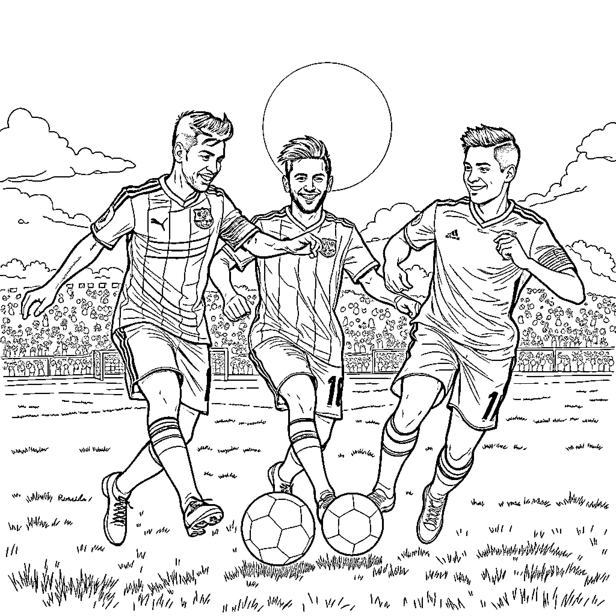 Soccer players in action on the field Coloring Page (free black-and-white line drawing printable PDF for all, from beginners to advanced learners, including children, teens, adults, and seniors)