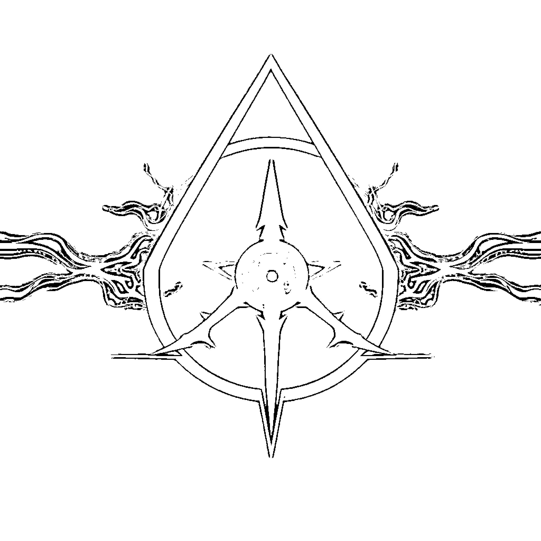 Deathly Hallows Symbol with Geometric Patterns Coloring Page (free black-and-white line drawing printable PDF for all, from beginners to advanced learners, including children, teens, adults, and seniors)